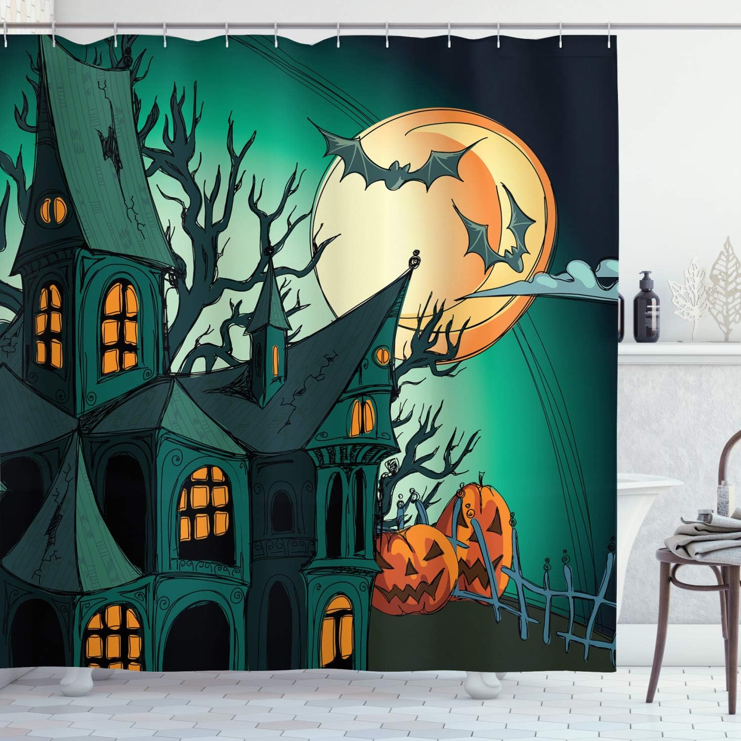 Ambesonne Halloween Shower Curtain, Haunted Medieval Cartoon Style Bats in Twilight Gothic Fiction Spooky Art Print, Cloth Fabric Bathroom Decor Set with Hooks, 69" W x 75" L, Orange Teal