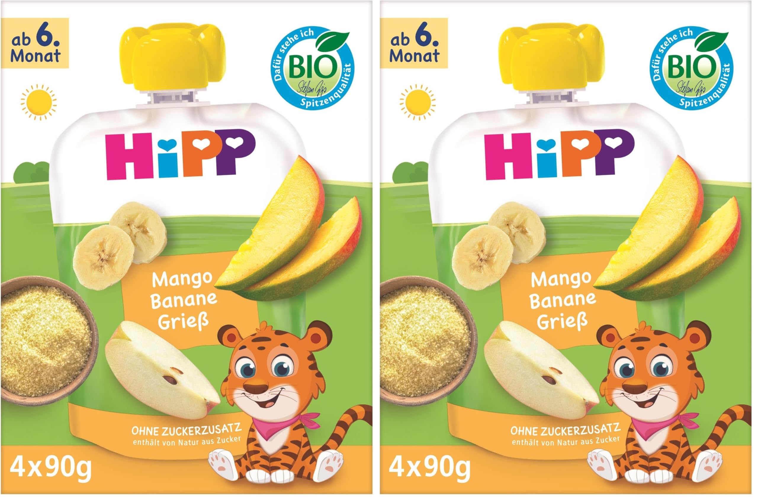 HiPP Bio Quetschie Mango Banane Grieß,16 Stück (8er Pack mit je 4 x 90g), für Babys ab 6. Monat, ohne Zuckerzusatz, vegan, in bester Bio-Qualität