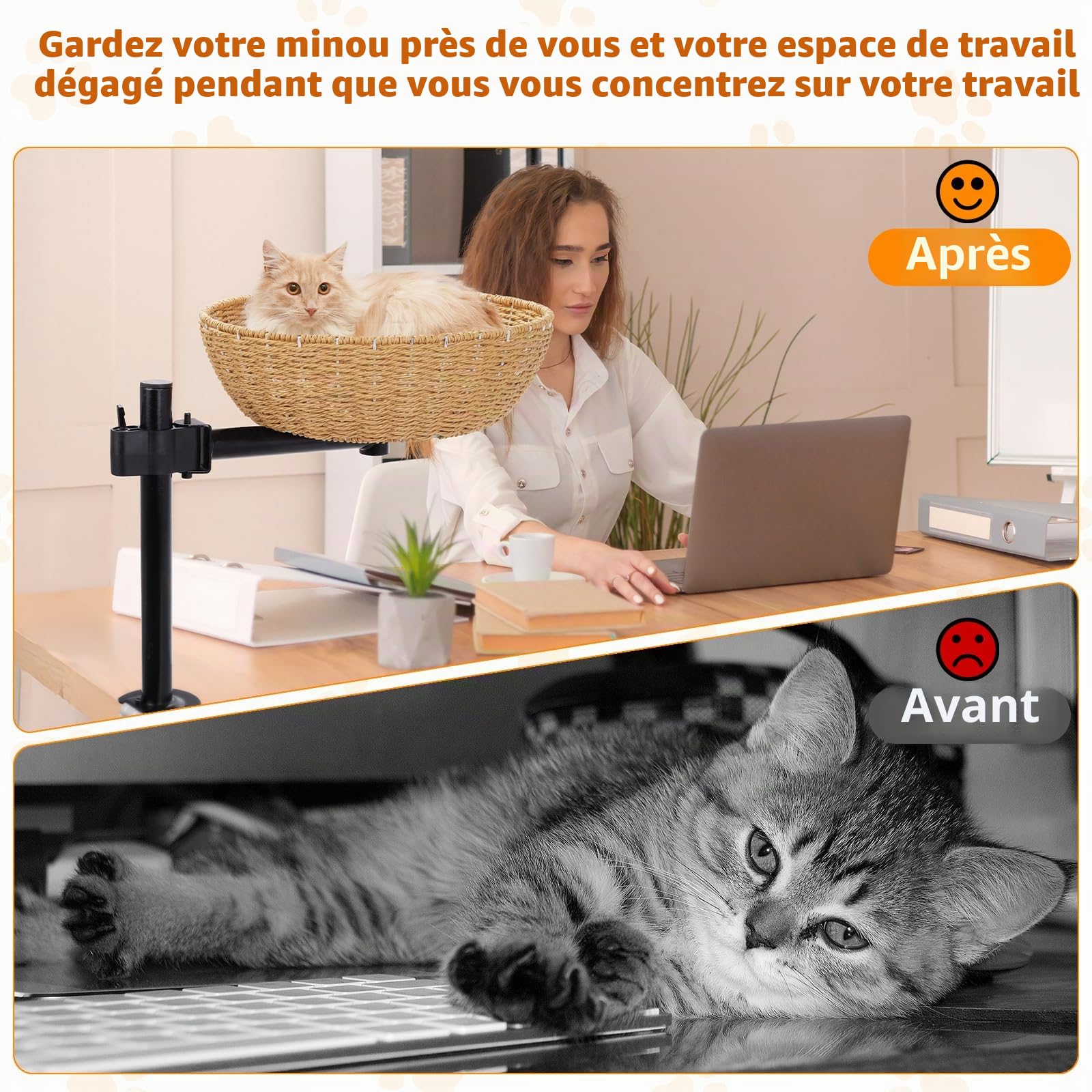 Lit pour chat bureau Rotation 360° Haute réglable Pas de perçage Maison surélevée Garde proche Espaces de travail propre.
