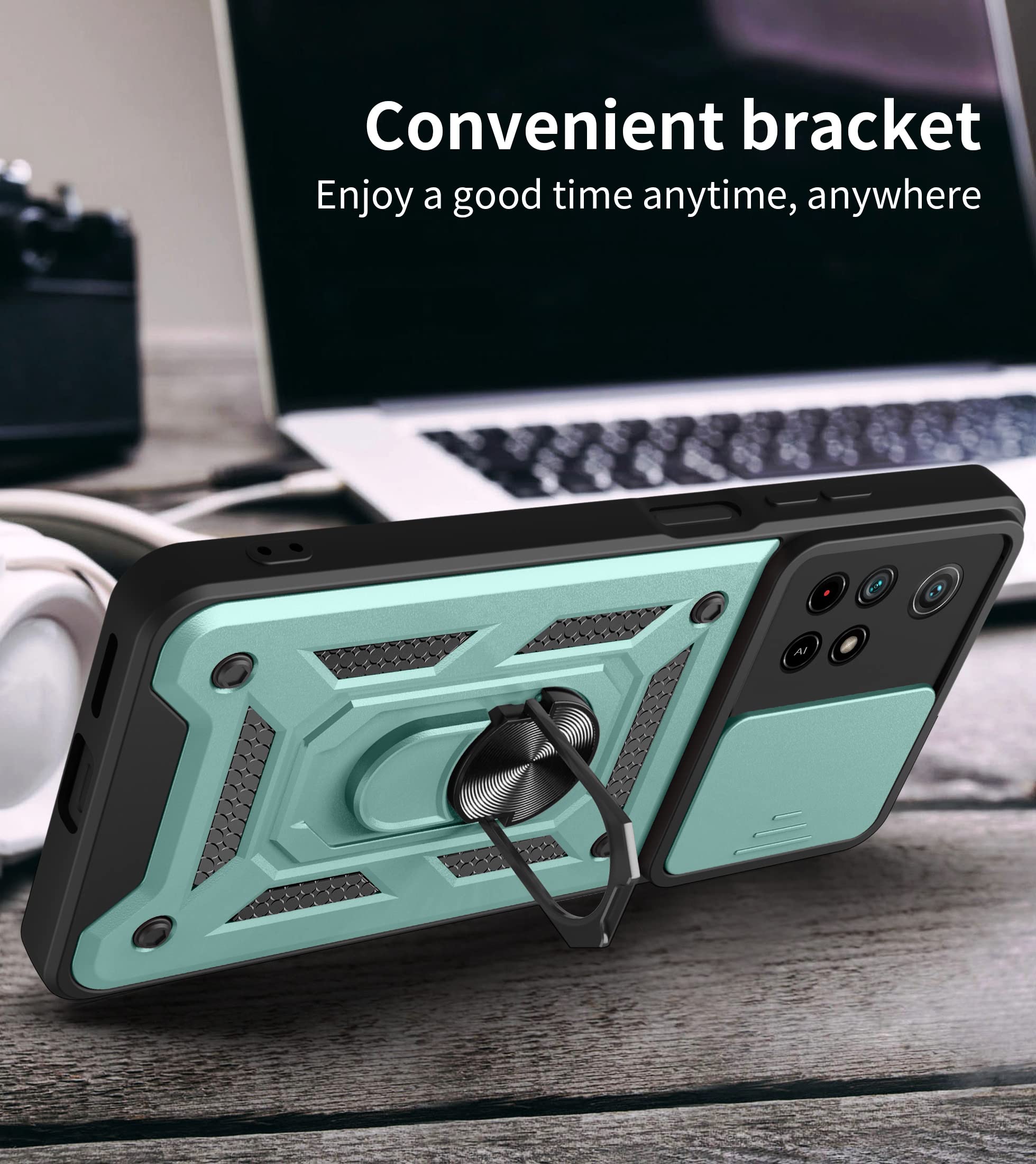 DESSEN Cover Per Xiaomi Poco X3 NFC / X3 Pro | Custodia Antiurdo In TPU E PC Con Anello Magnetico Rotante E Copri Fotocamera Scorrevole - Nero - 2