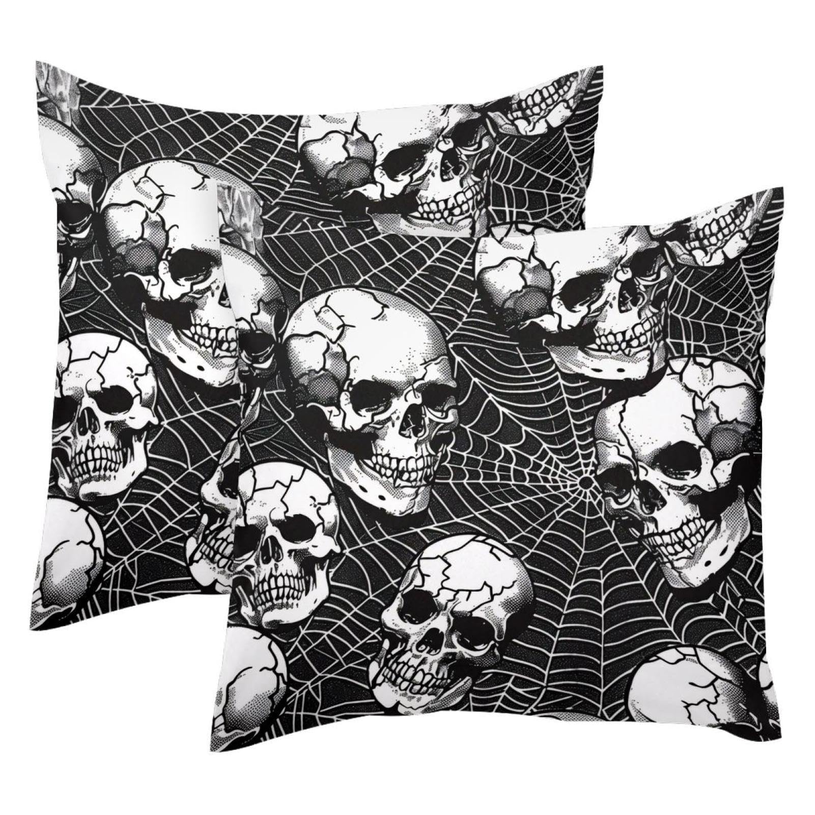 Housse de coussin velours 50x50 têtes de mort et araignée déco moderne double face