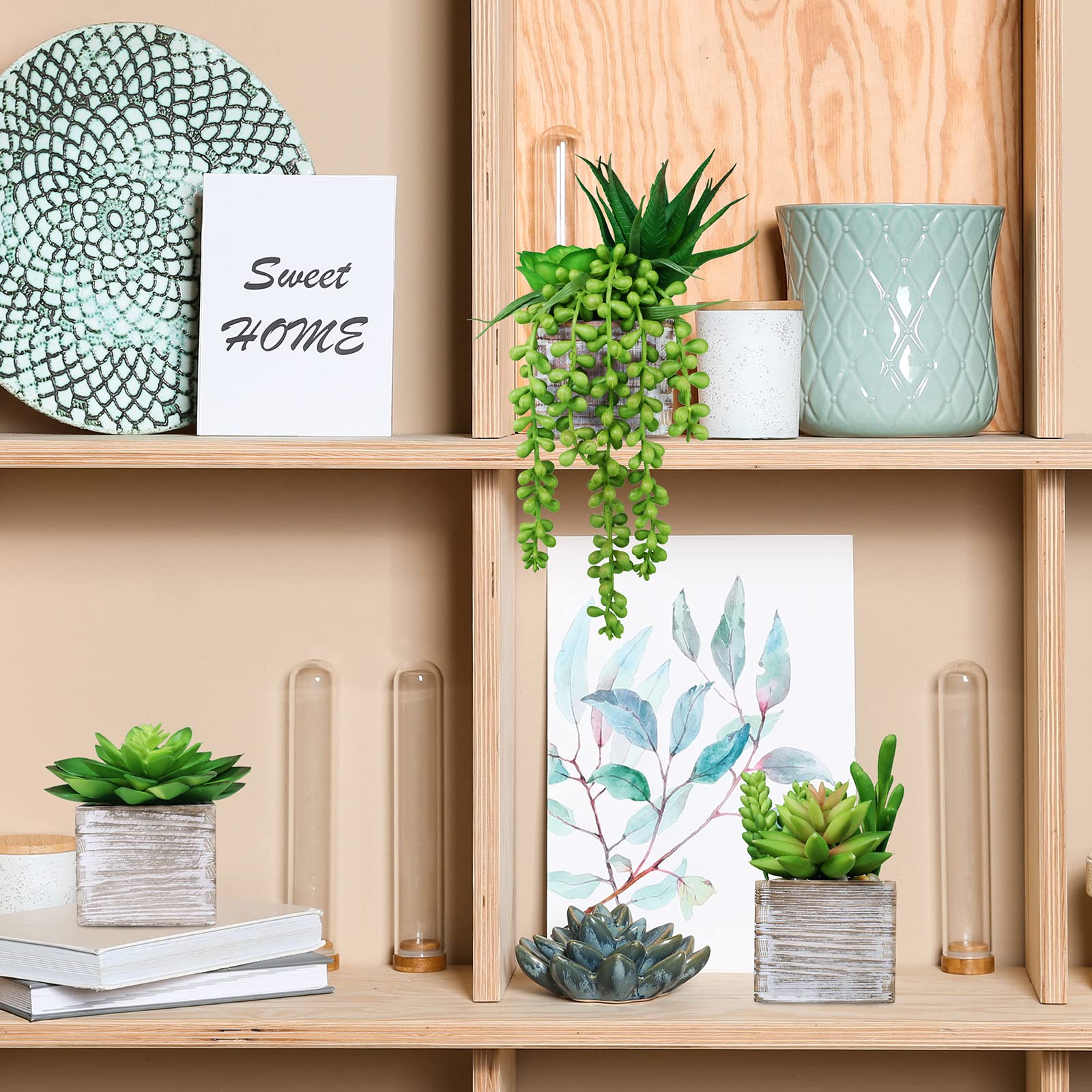 Set of 3 Assorted Small Green Potted Succulents Plants Decoration String of Pearls Fake Succulents in Rustic Wooden Pots for Home Living Room Bathroom Table Windowsill Shelf Office Desk Indoor Decor