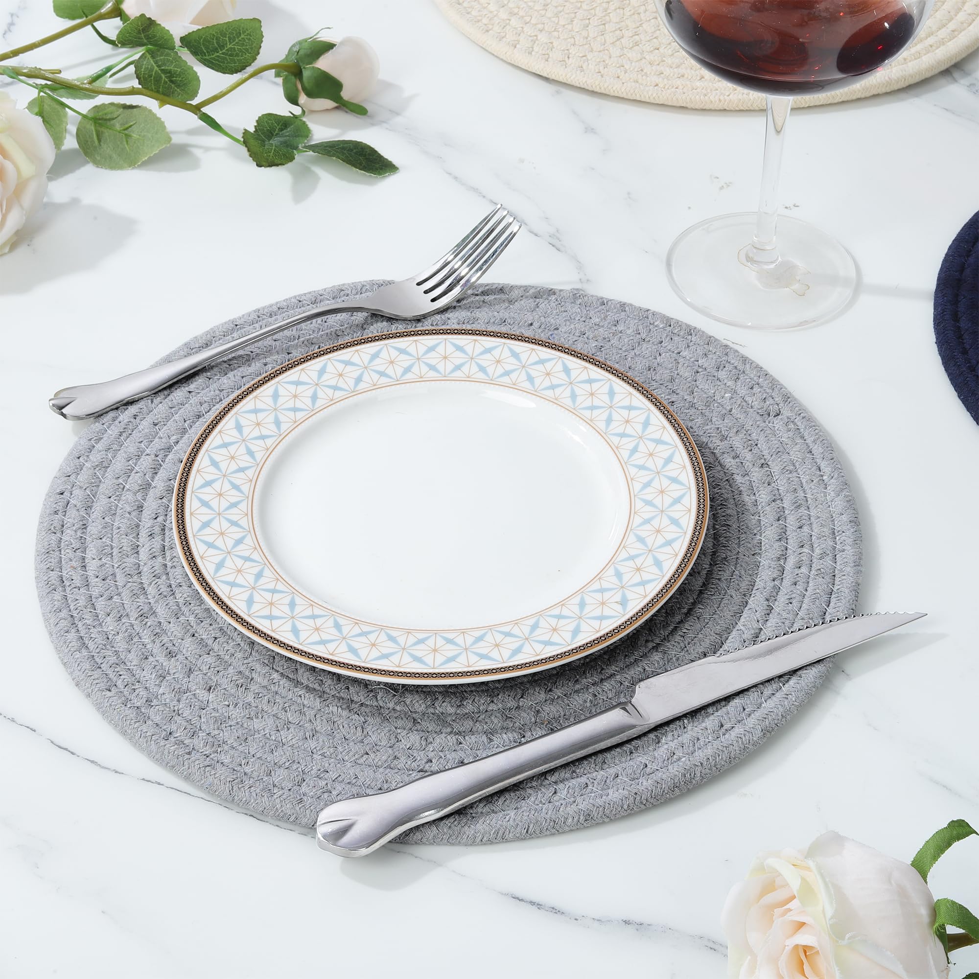 Fanquare Set Di 4 Tovagliette Rotonde In Erba Naturale Con Nappe – Stile Boho, Marrone E Beige – Sottopentola Antiscivolo - 4