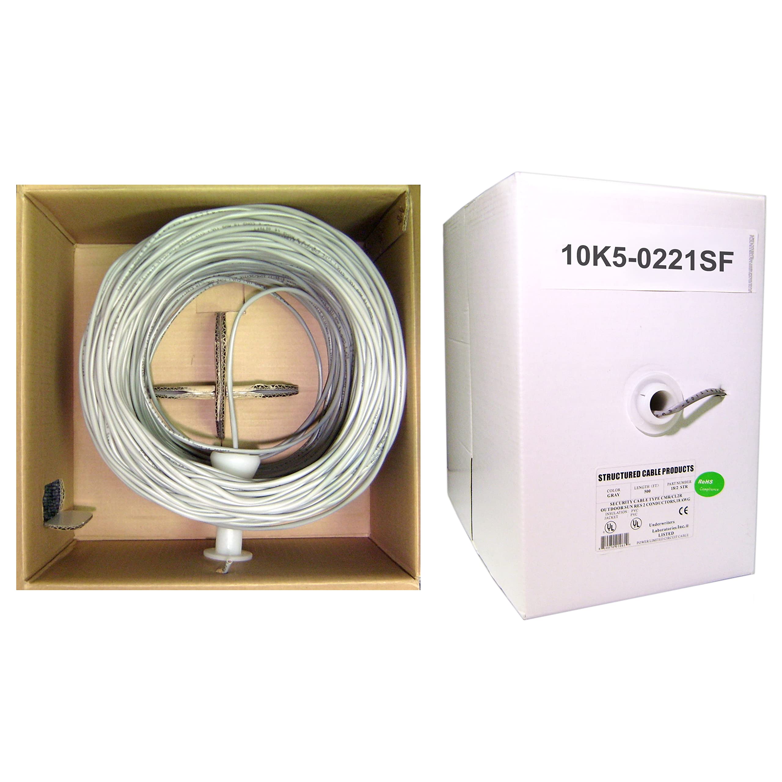 Cable Central LLC Security/Alarm Wire, Gray, 18/2 (18AWG 2 Conductor), Stranded, CMR/Inwall Rated, Pullbox, 500 Feet