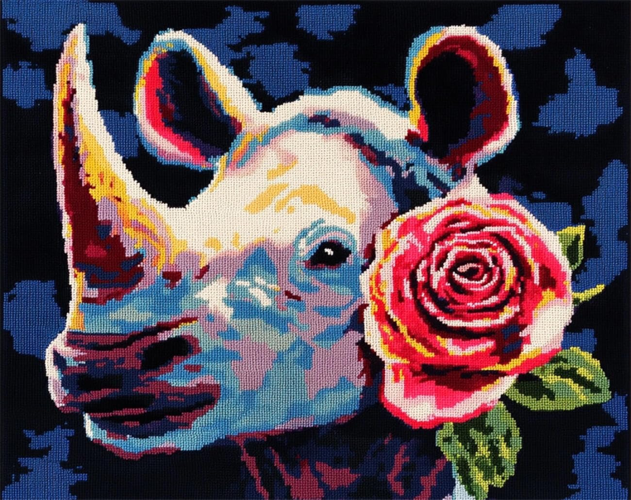 AMBATTERY Animal Rug Making Kit Rhinoceros and Rose Cross Stitch Set for Adults，DIY Handmade Latch Hook Rug Making Kit Crochet Carpet Set 33x45in