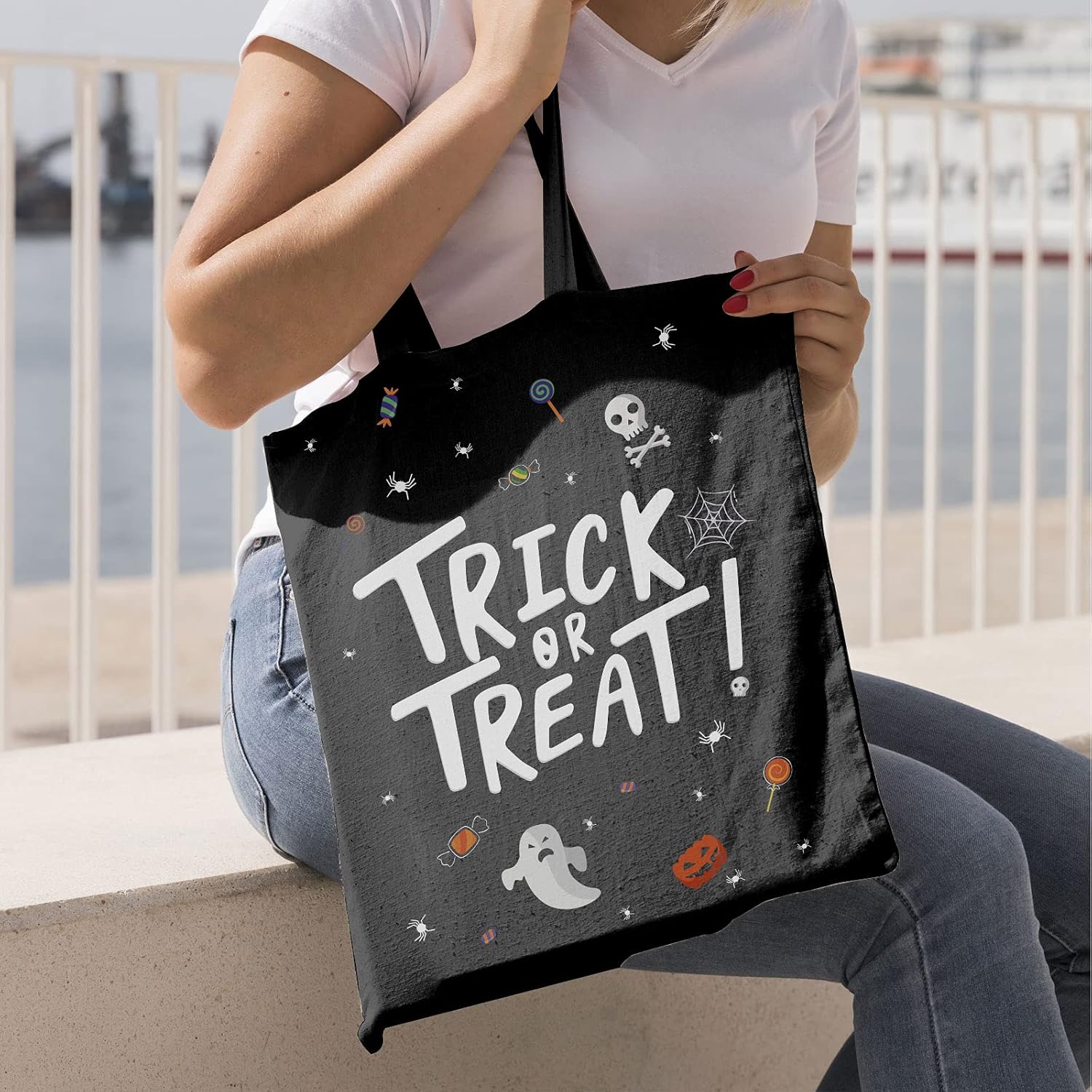 ATFUNSHOP Trick or Treat Bag - Reusable 15.7'' Large Canvas Tote & Grocery Bag for Kids - Image 3
