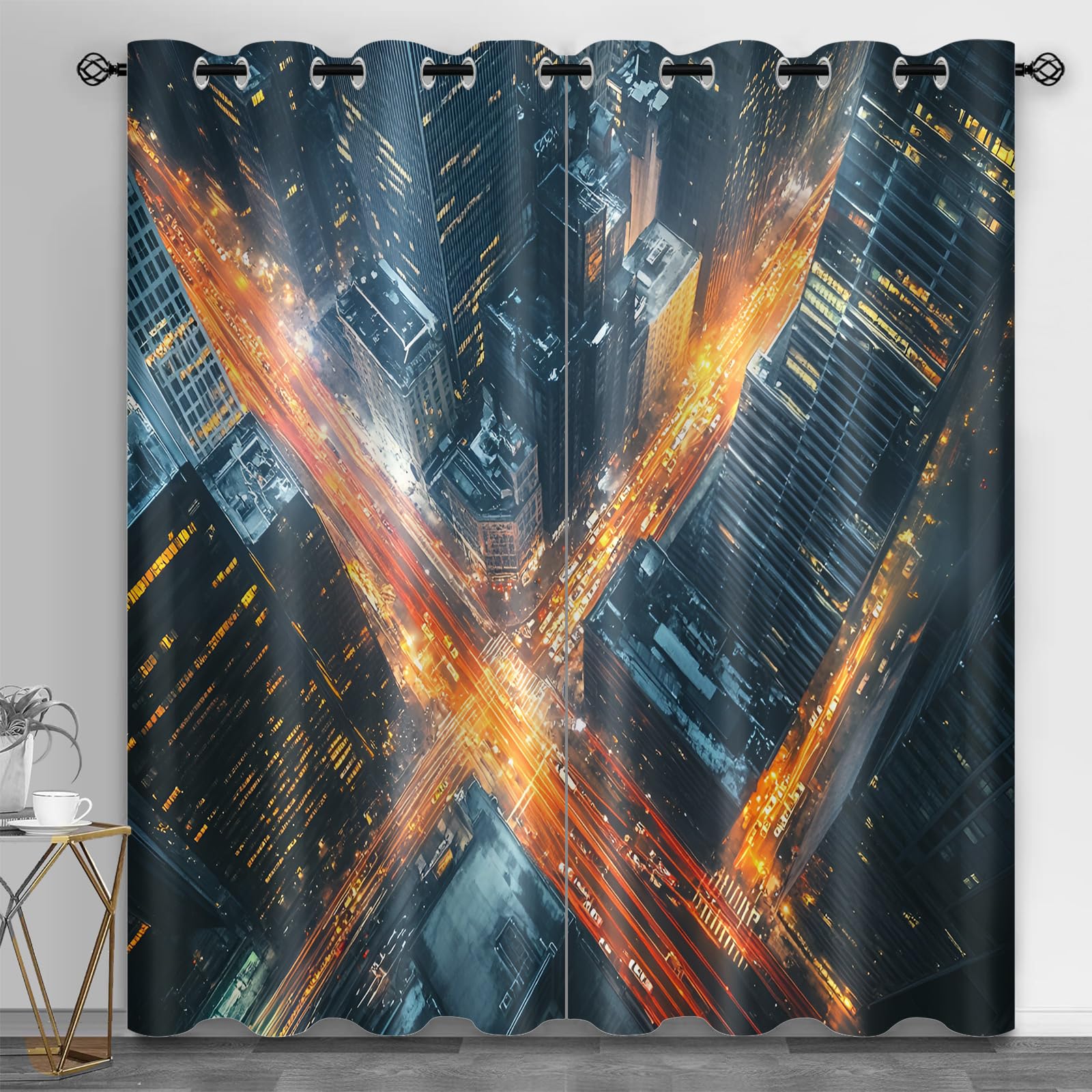 Rideaux courts pour loft et cuisine style industriel avec motif ville de nuit