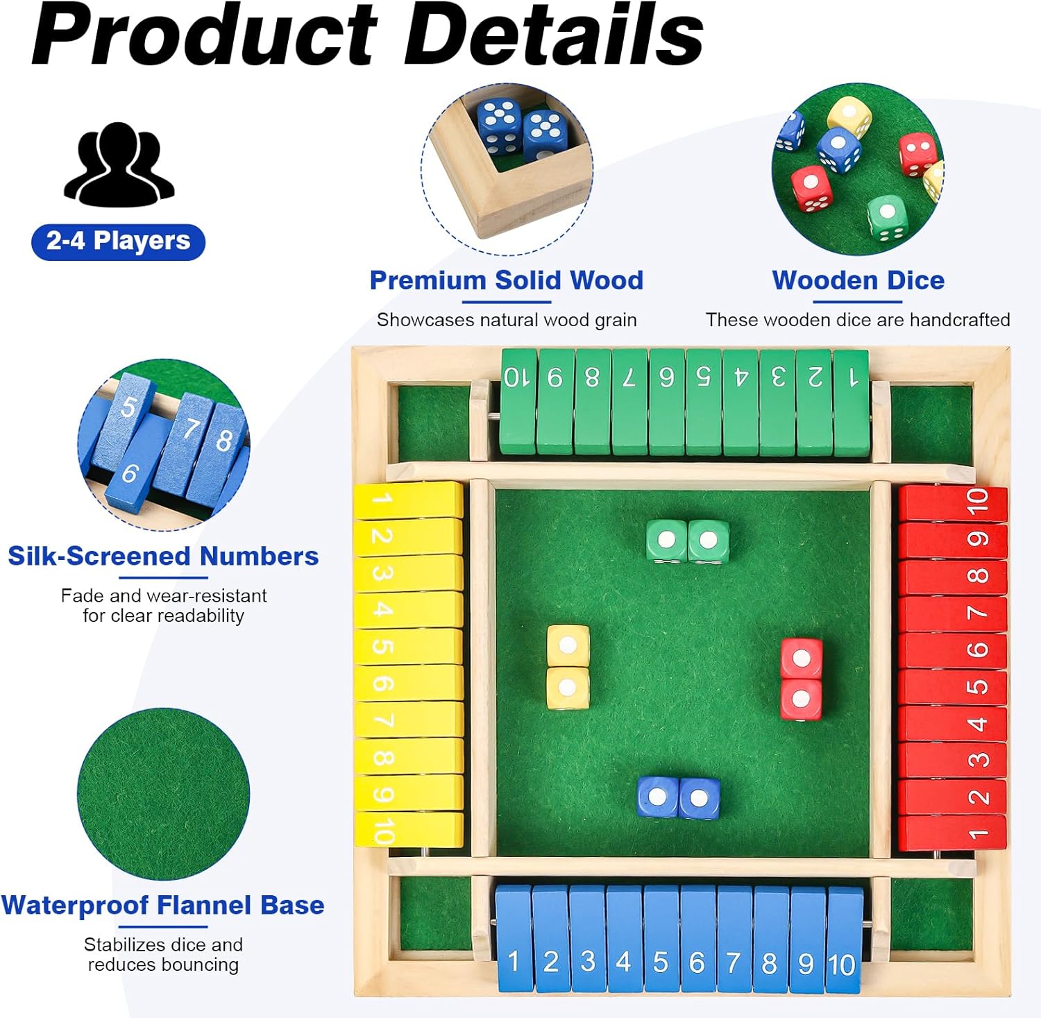 Shut The Box Game Wooden Board Dice Game, 2-4 Players Table Math Games for Kids and Adults, Fun Family Game Night Classroom Home Party or Pub Strategy Games