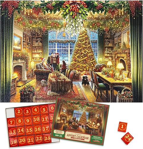 Miniatura 8 de Calendario de Adviento de Navidad 2025 rompecabezas con póster de referencia 1:1 – 1000 piezas de rompecabezas de chimenea para niños y adultos, 24
