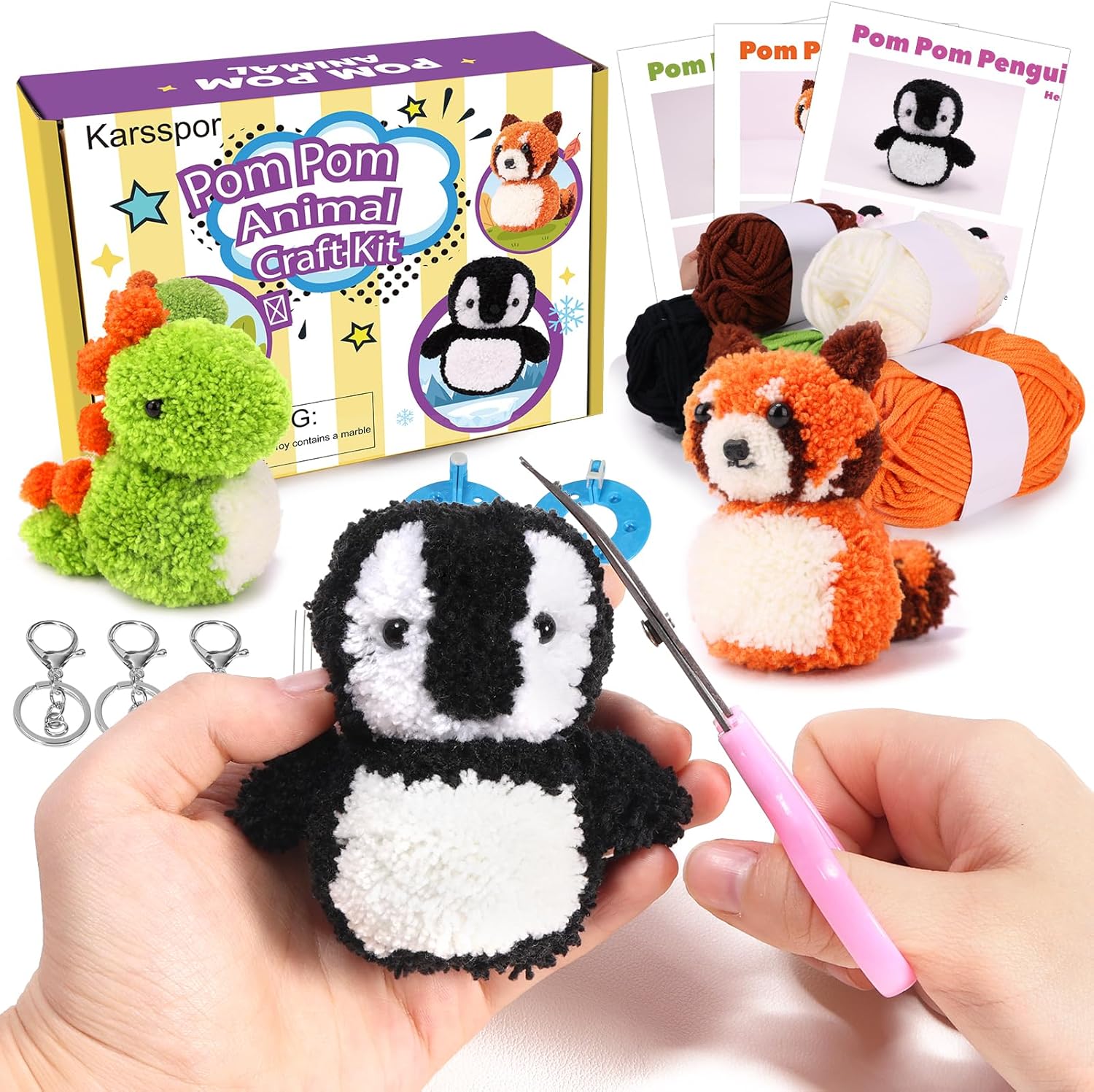 Karsspor 3 PCS Pom Poms Craft Kit, Cute Pom Poms Pets – Dinosaur, Raccoon and Penguin with Instructions, Arts and Crafts, Great Crafts, Birthday Christmas Gifts Karsspor 3 PCS Pom Poms Craft Kit, Cute Pom Poms Pets – Dinosaur, Raccoon and Penguin with Instructions, Arts and Crafts, Great Crafts, Birthday Christmas Gifts