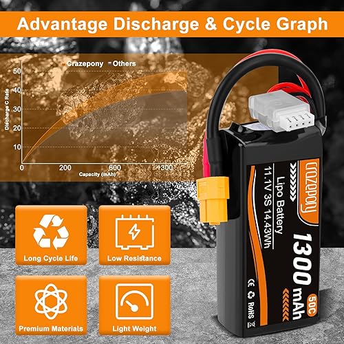 Miniatura 5 de Crazepony 3S Lipo Batería 1300mAh 50C 11.1V Lipo Batería con conector XT60 Plug para RC FPV Racing Drone Quadcopter RC Coche Barco Camión