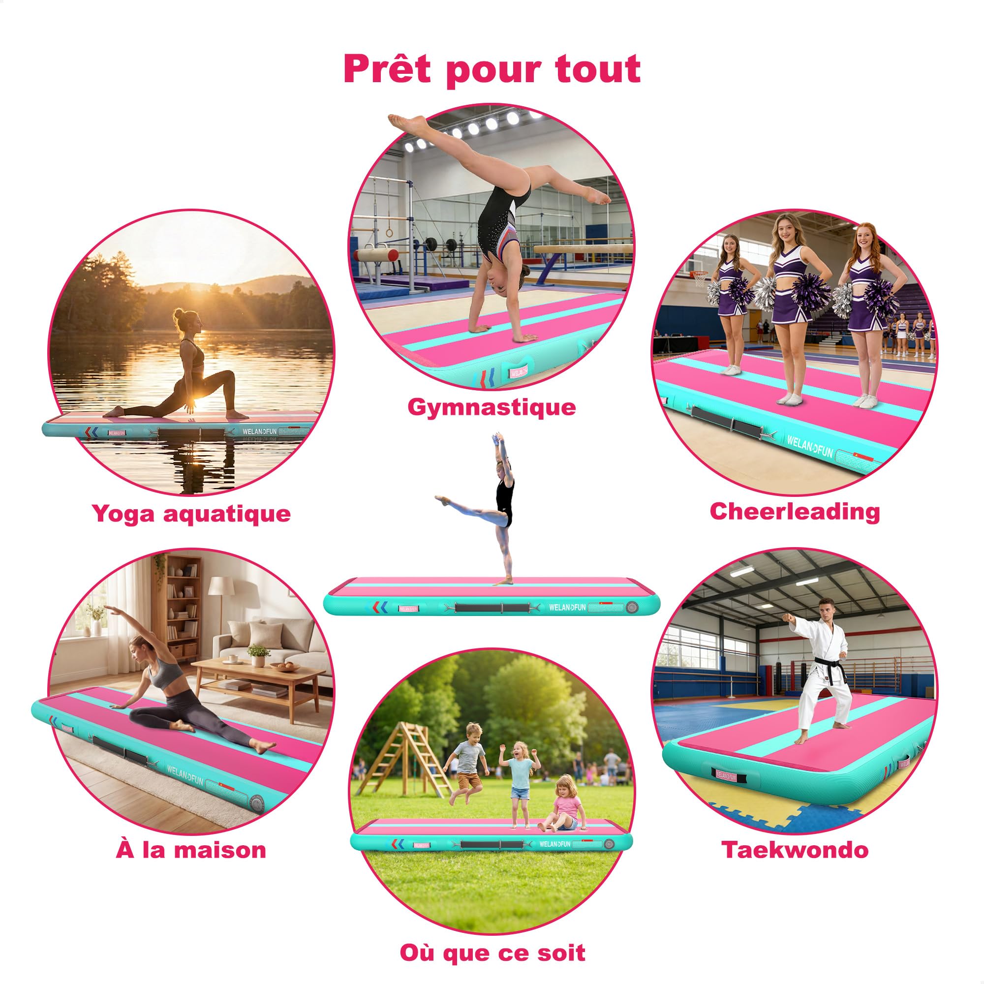 Tapis Gonflable WelandFun Air Tumbling – 3/4/5/6 M, Bâche PVC 7 Couches, Valve BRAVO, Pompe Incluse – Gym, Cheerleading, Plage