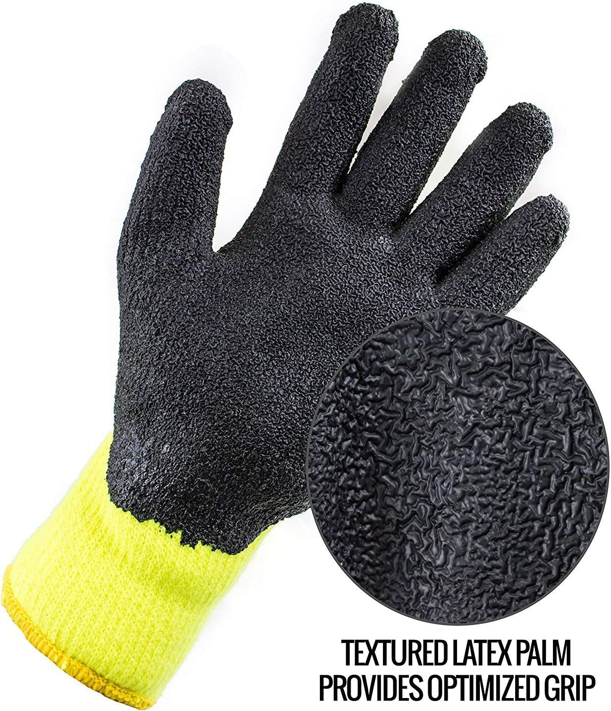 TS BGWLAC Winter Insulated Rubber Latex Coated Work Gloves, Crinkle Pattern, 6 Pairs/Pack (Medium, Hi-Viz Lime)