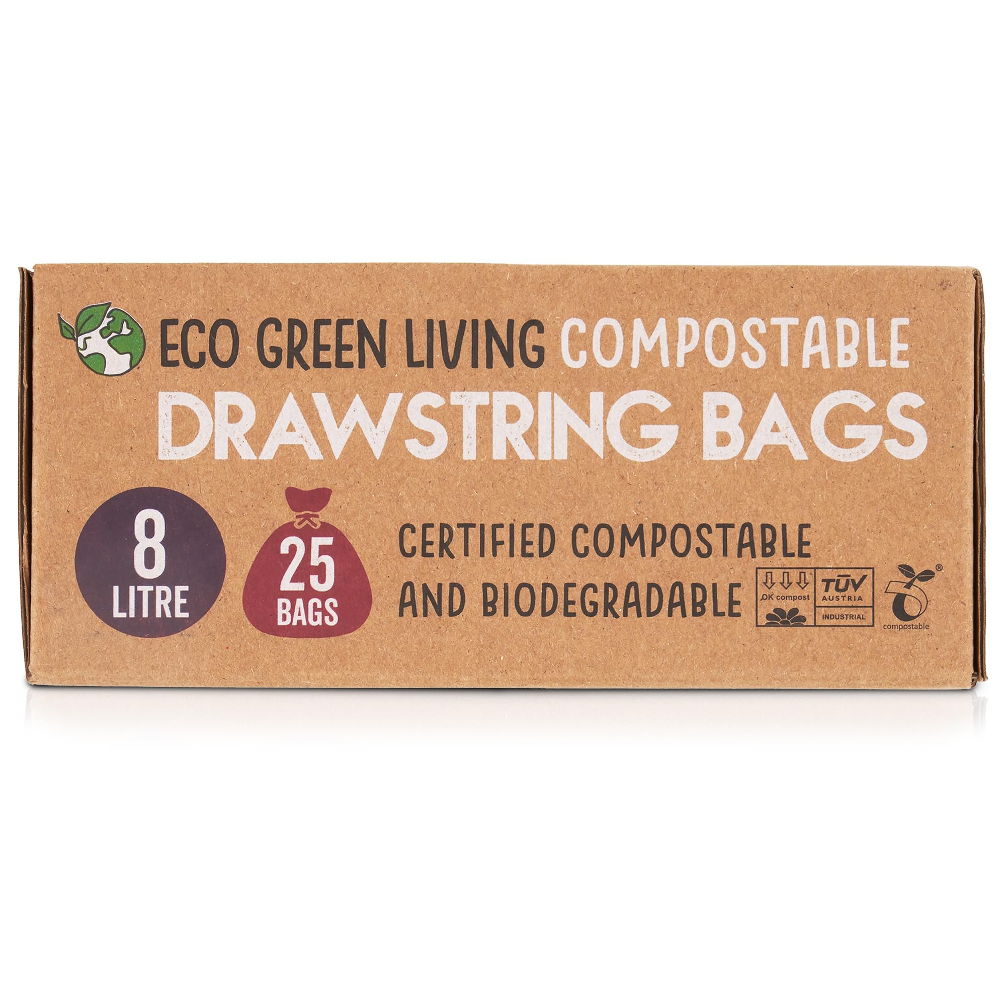 Eco Green Living Sacchi per la spazzatura compostabili da 8 litri con coulisse, senza plastica e anti-perdita, per bidoni da bagno, camera da letto e ufficio - 40 x 45 cm (25 sacchetti)