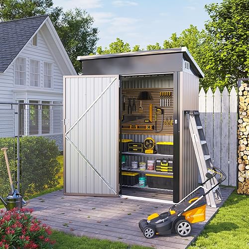 Miniatura 8 de Aoxun Cobertizo de almacenamiento de metal para exteriores, 5 x 3 pies, cobertizo de herramientas de acero con puerta y cerradura, cobertizos de