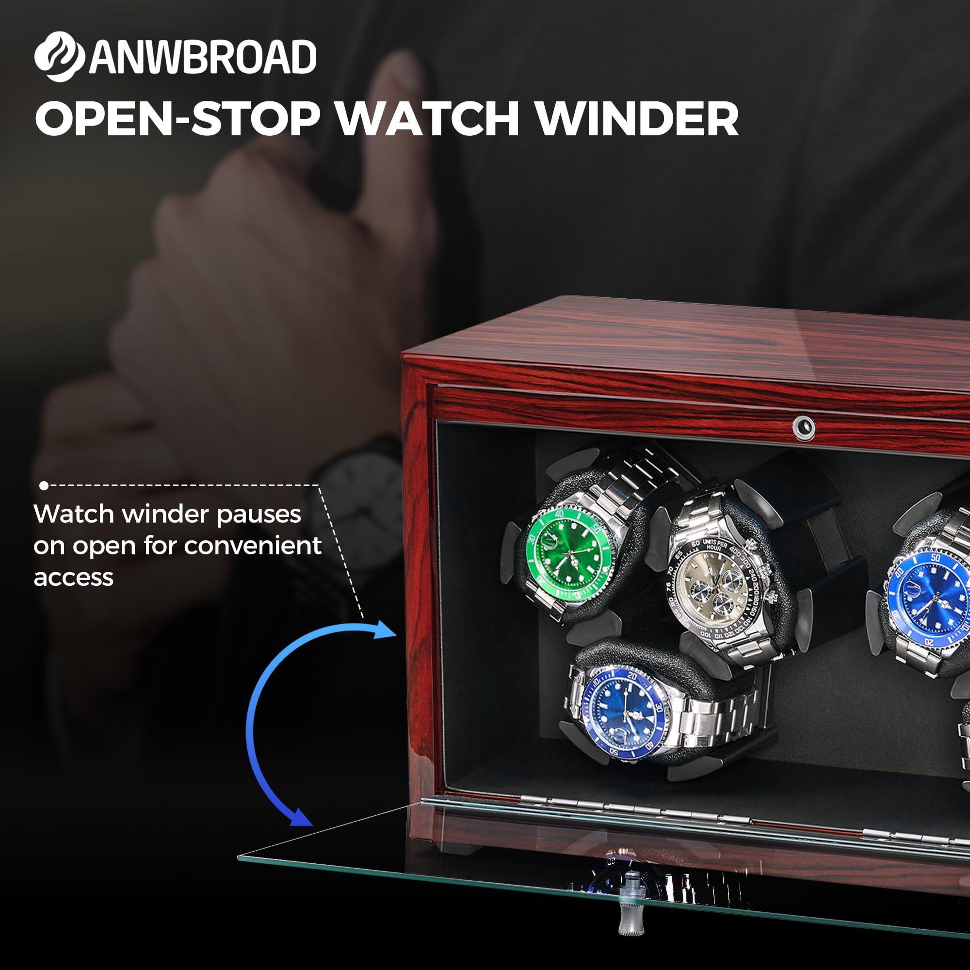 ANWBROAD Rotomat na 6 zegarków z diodami LED i super cichym silnikiem, 4 tryby obrotu, rotomat do zegarków z kablem USB, zestaw do przechowywania zegarków, prezent JWW003Y