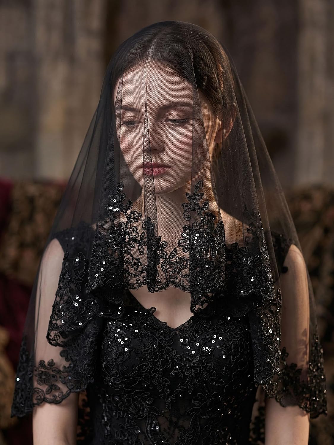 Mantilla Wedding Veil Sequins Lace Fingertip Length Bridal Veil image 4