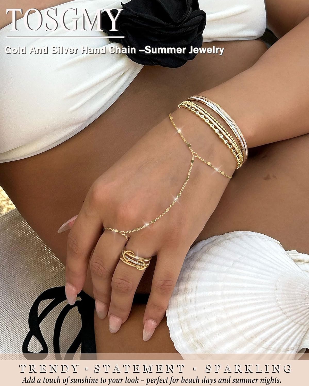 Hand Chain Gold Silver Bracelets for Women 14K Gold plated Hand Chain Bracelet Non Tarnish Satellite Bead Dot CZ Pearl Link Ring Bracelet Trendy Hand Jewelry Gifts for Women Adjustable - Image 2