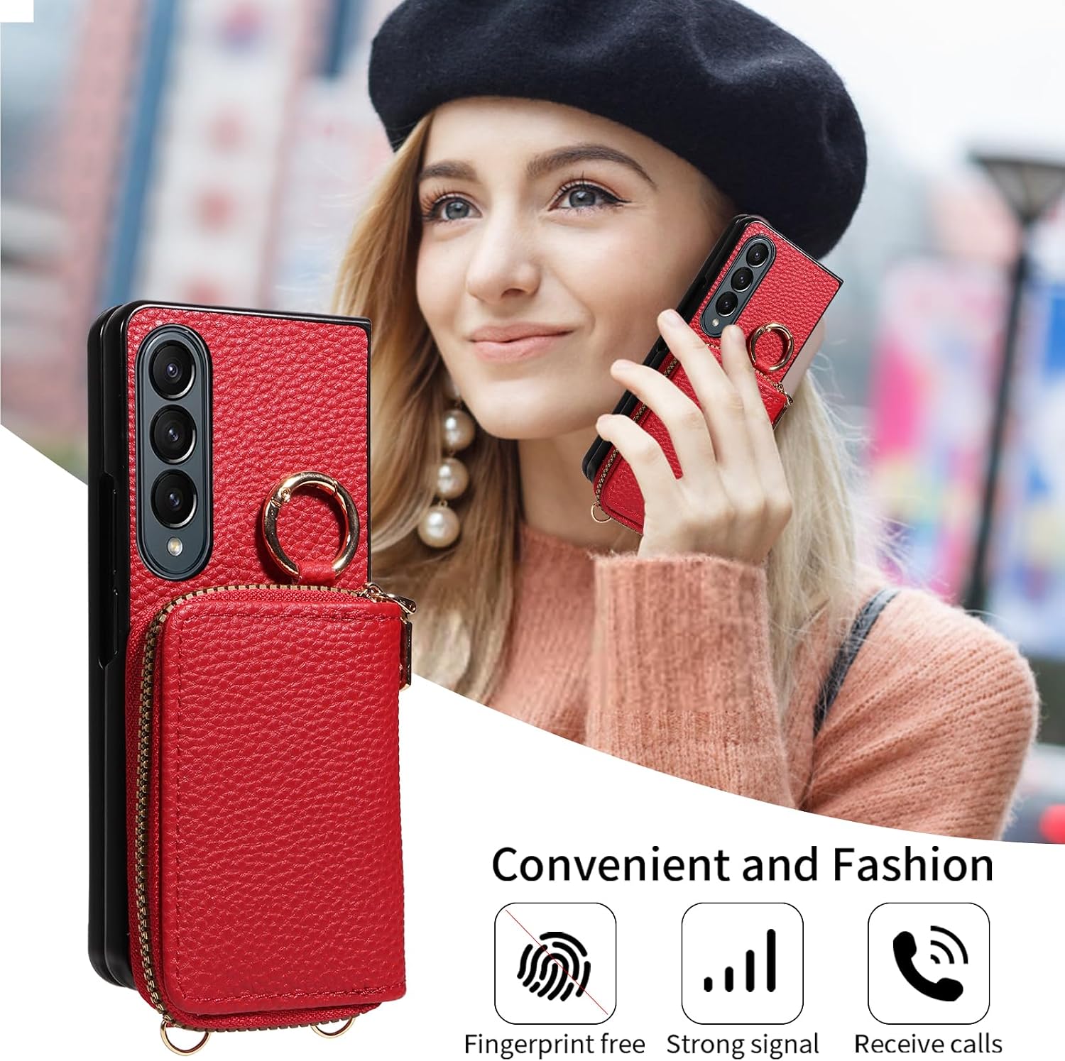 Wallet Case for Samsung Galaxy Z Fold 3 5G 2021 & Shoulder Strap Ring Buckle, Luxury PU Leather Zipper Flip Organ Purse, Card Holder Stand Cell Phone Cover for ZFold3 Z3 Fold3 3Z ZFold35G Red