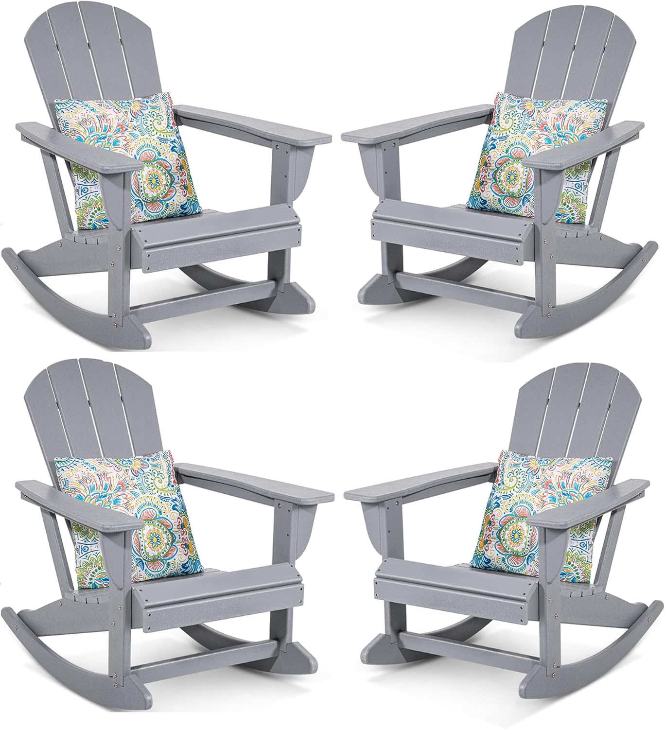 Sundale Outdoor Rocking Chair with Pillow, Patio Plastic All Weather Adirondack Rocker for Proch, Water Resistant for Outside, Garden, Pool, Yard, Grey