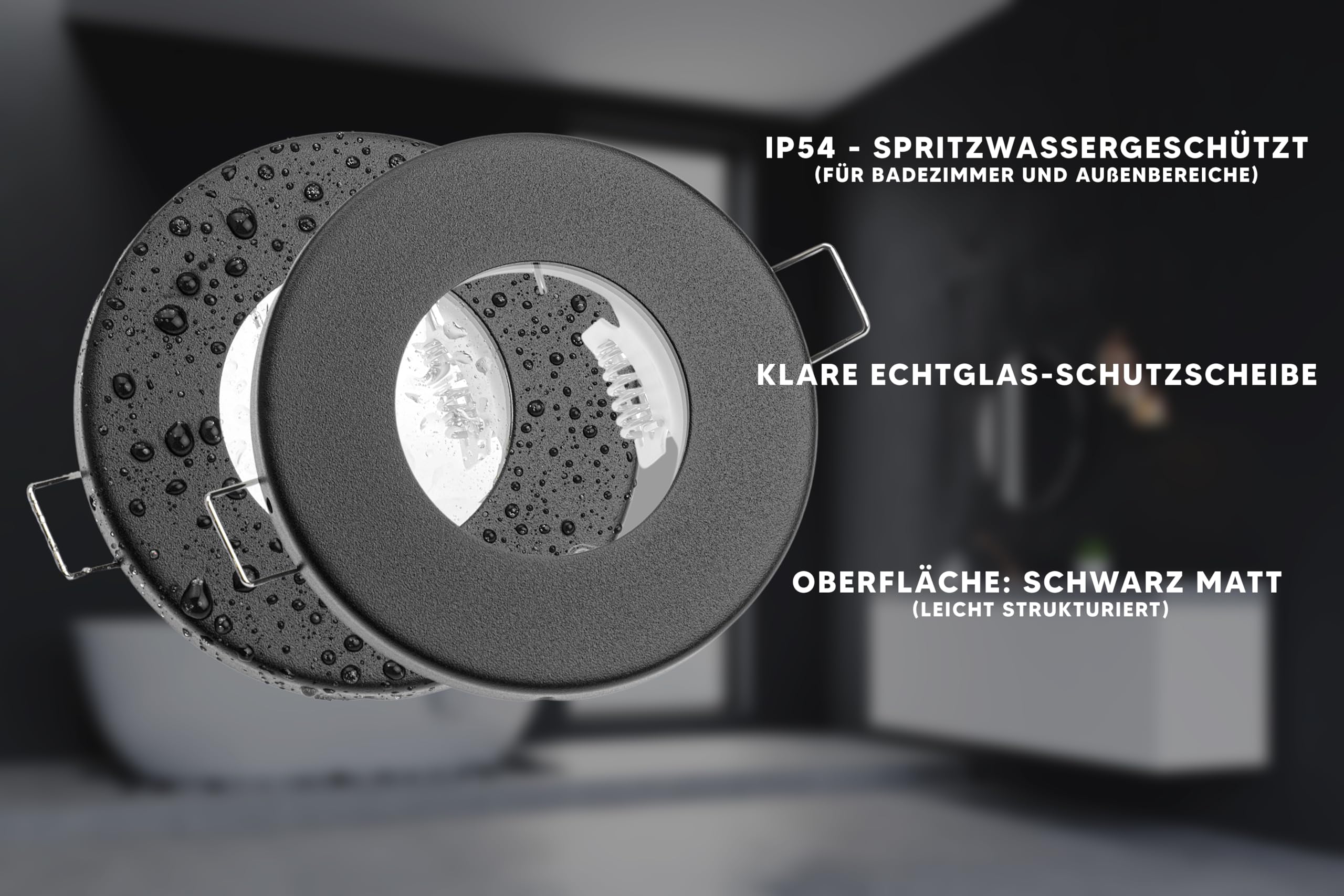 Einbaustrahler 6er Set Aqua IP54 Schwarz Matt 83mm Außen, 55mm Deckenausschnitt mit MR16 12Volt LED Leuchtmittel 6Watt und Trafo - Einbauspot, Deckenspot (Tageslichtweiß 6000K)