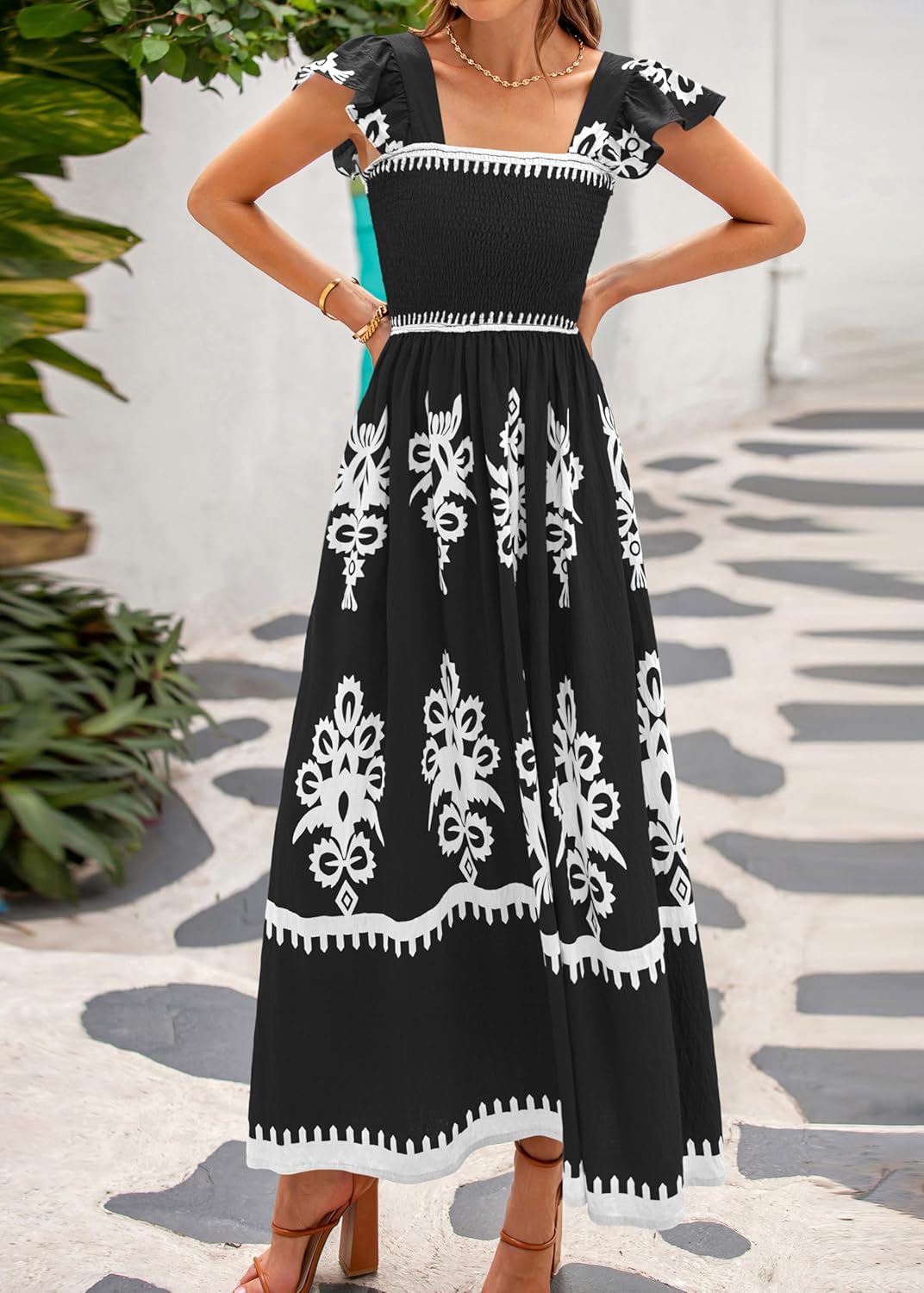 BTFBM Summer Dresses for Women 2026 Floral Smocked Boho Sleeveless Square Neck A Line Casual Beach Maxi Dress Pockets - Image 6