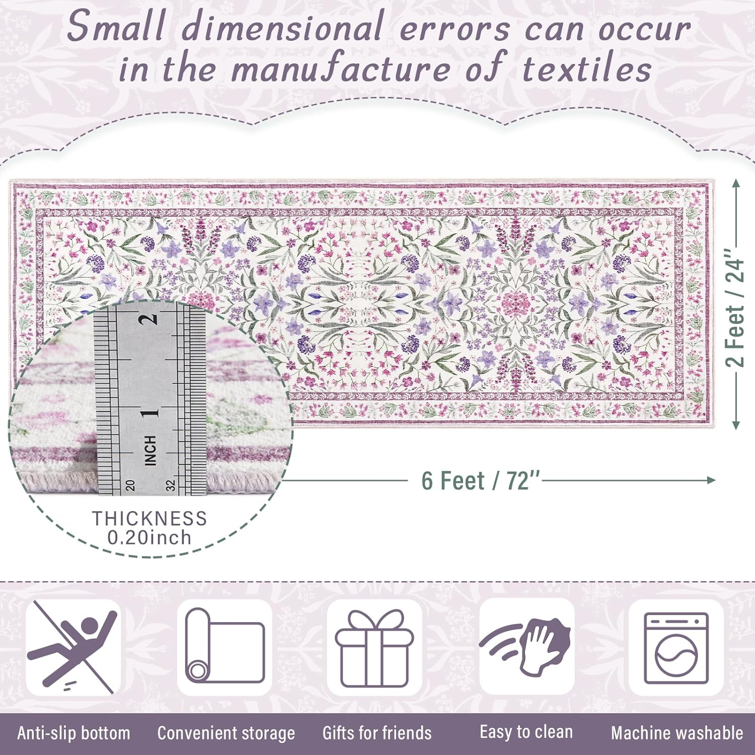 Amearea Purple Runner Rugs for Hallway, 2x6 Feet Area Rugs for Bedroom Girls, Washable Floral Collection Bedside Rugs Low Pile Print Carpet, Kids Room Entrance Kitchen Living Room Decor