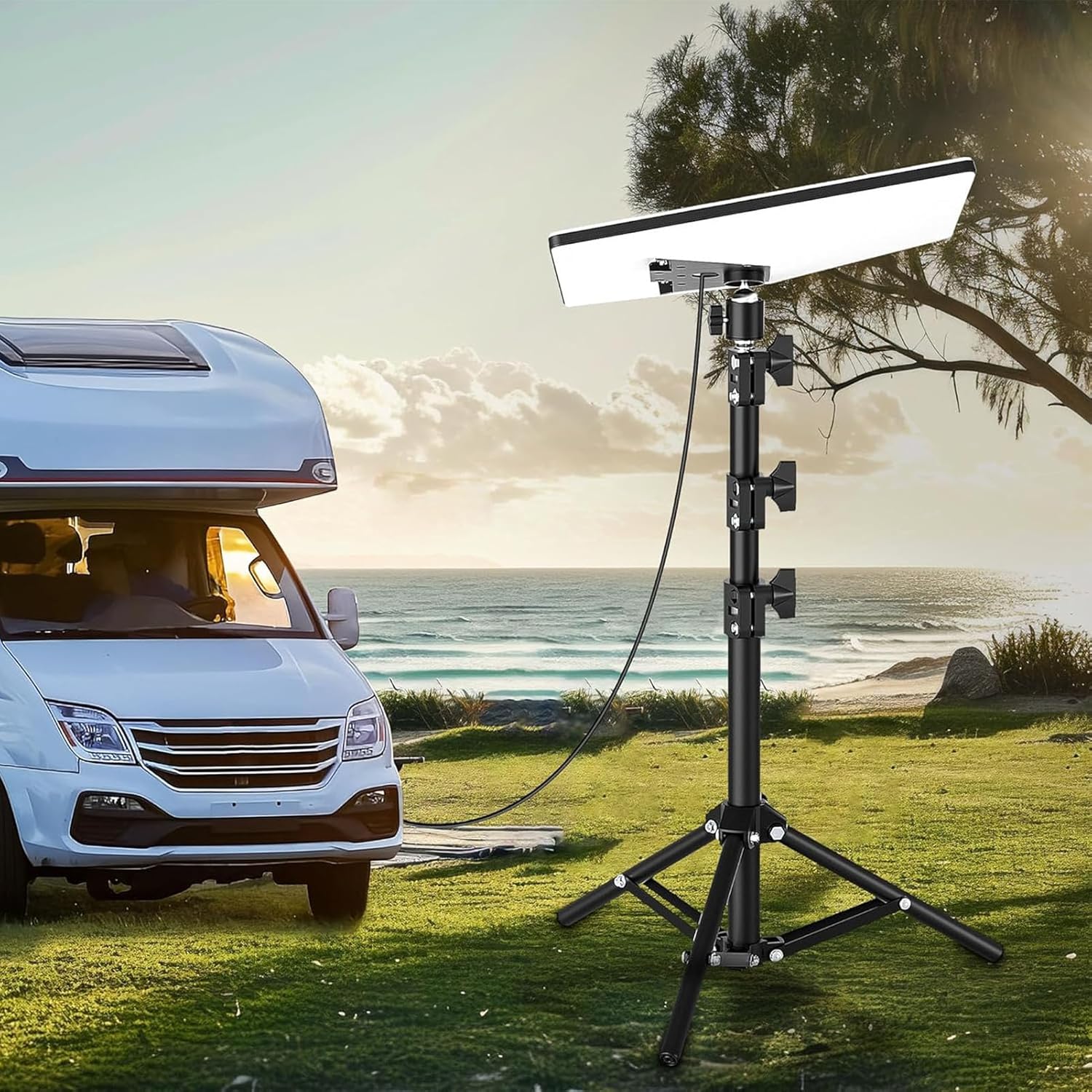 WALFRONT Rectangular Satellite Tripod Stand Adjustable Mini Tripod Stand Mount Aluminum Alloy with Pipe Adapter for Mini Roof Camping RV Travel Courtyard