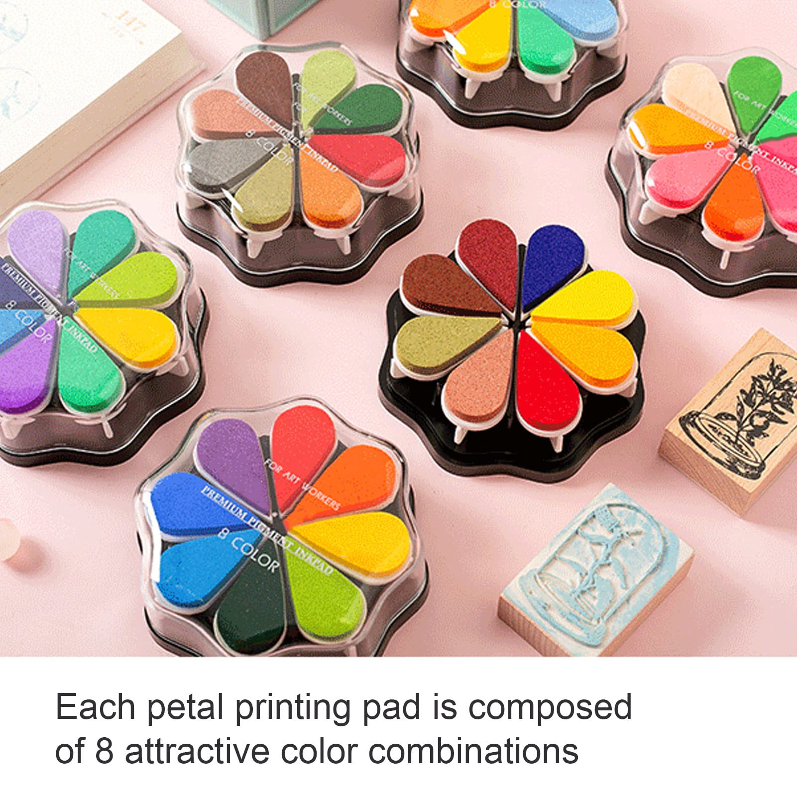 Juego de 6 almohadillas de tinta lavables, almohadilla para sellos en forma de pétalo con 8 colores vibrantes, tinta a base de agua de secado lento para sellos de goma,