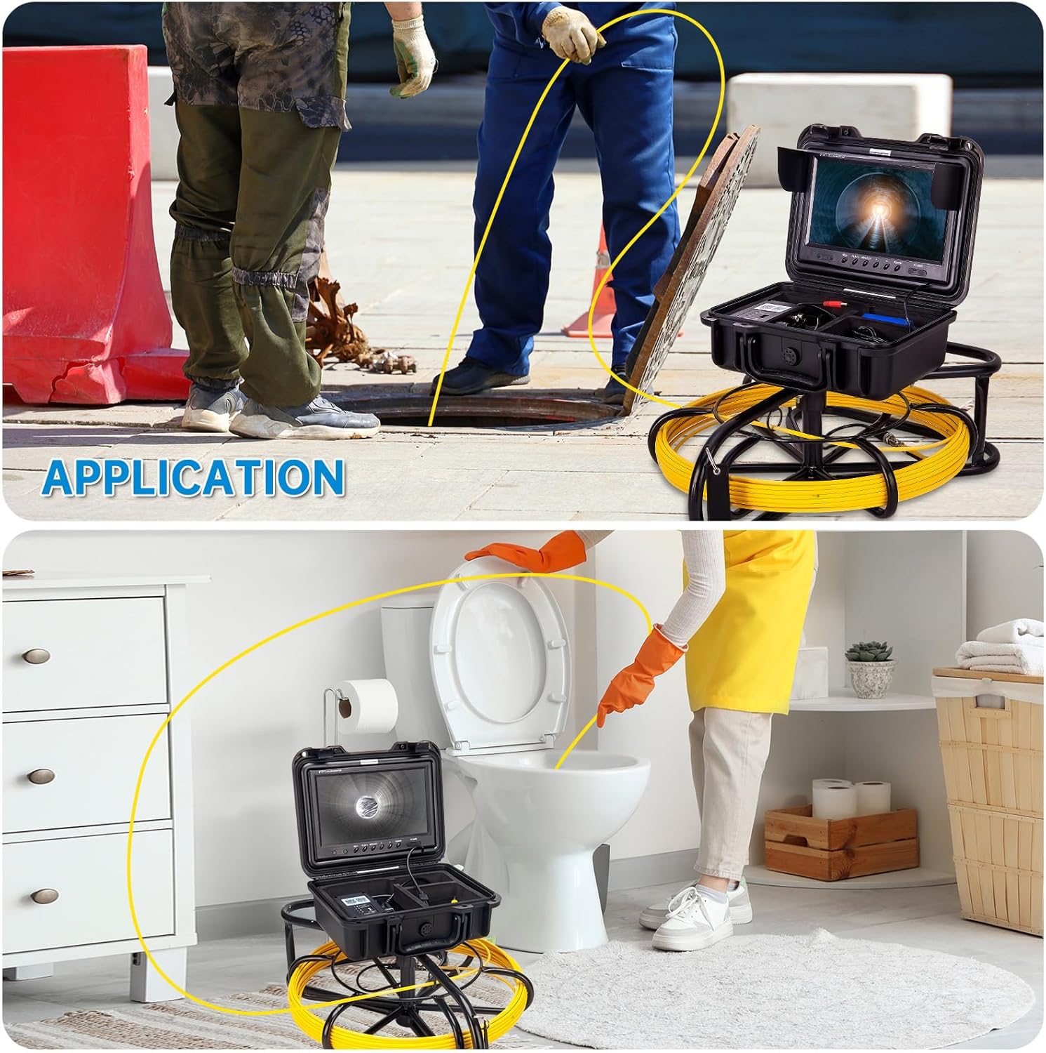 150 FT Sewer Camera,W/ 9'' HD 16GB DVR Screen,Big Spool(Easier to Push Cable),Distance Counter, JQKJCAM 17MM Drain Snake Sewer Inspection Camera with Light for Pipes (50M/165FT)
