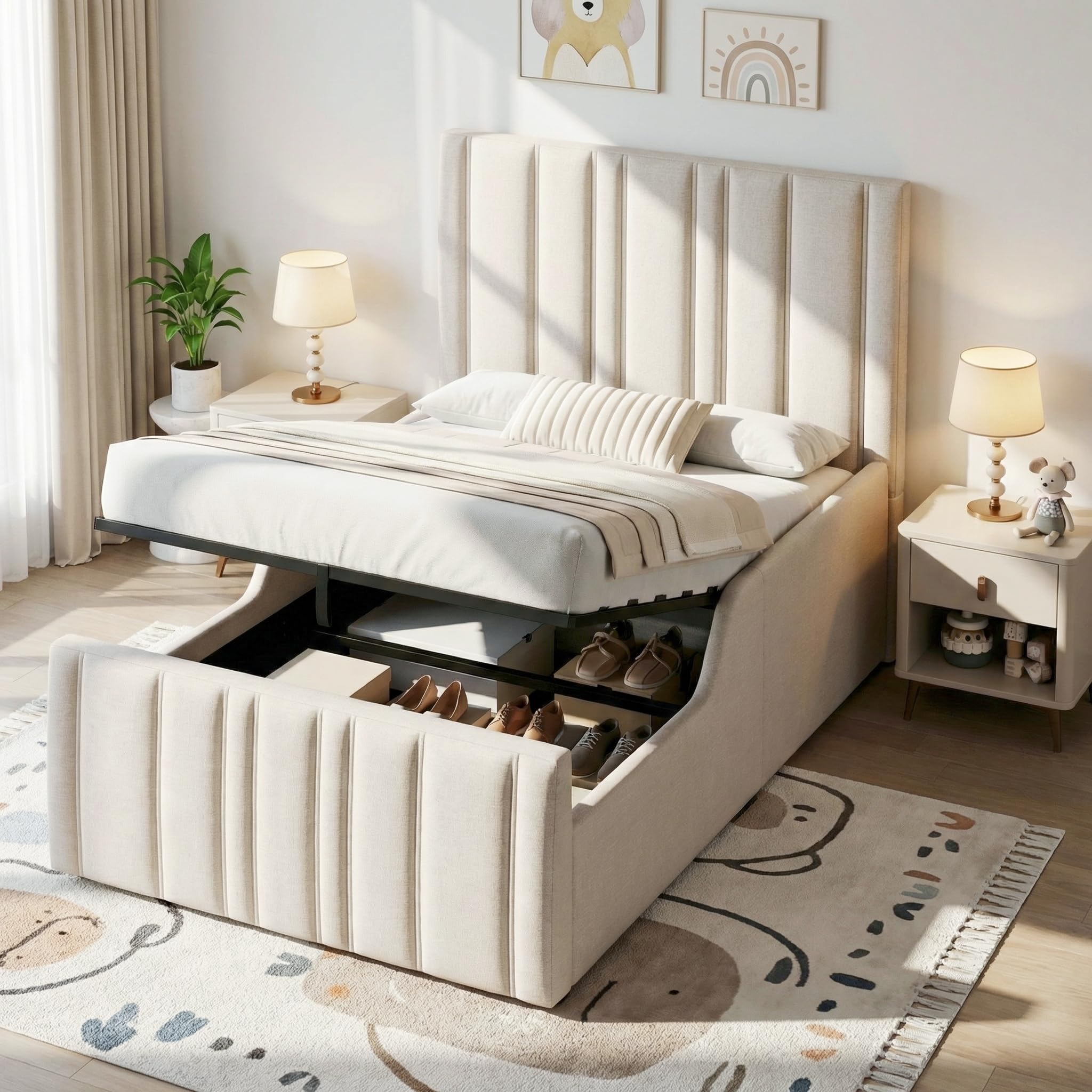 Merax 3FT Single Bed Frame 90 x 190 cm, Linen Upholstered Hydraulic Ottoman Bed with Headboard & Large Storage Space, Children’s Bed for Kids & Teenagers, Beige (No Mattress)