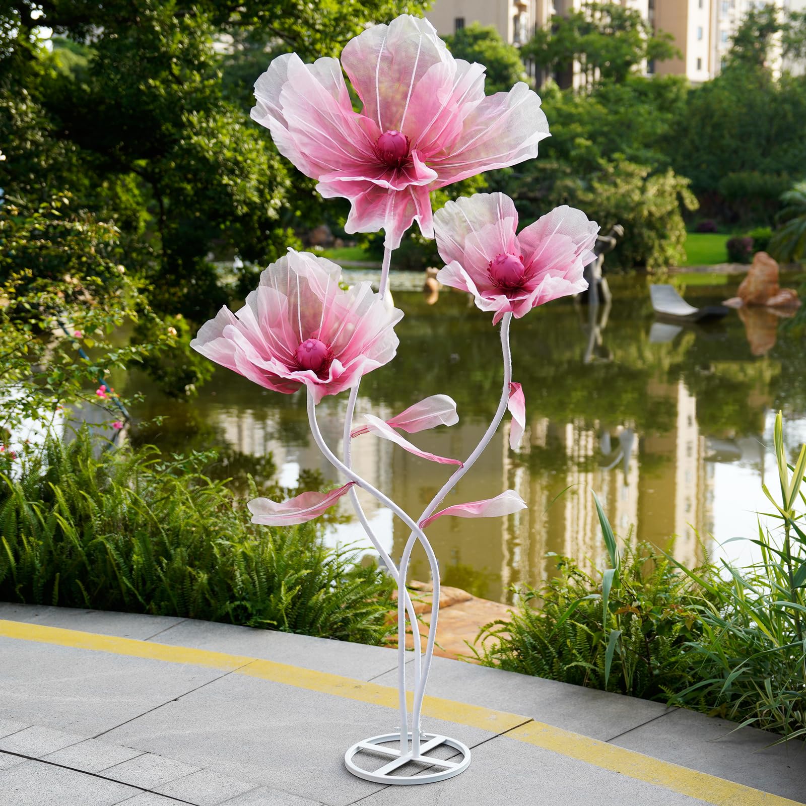 Flores gigantes para decoración, 3 cabezas grandes de seda artificial con soporte y base para recepción de bodas, fondo de banquete de fiesta, decoración del hogar (rojo)