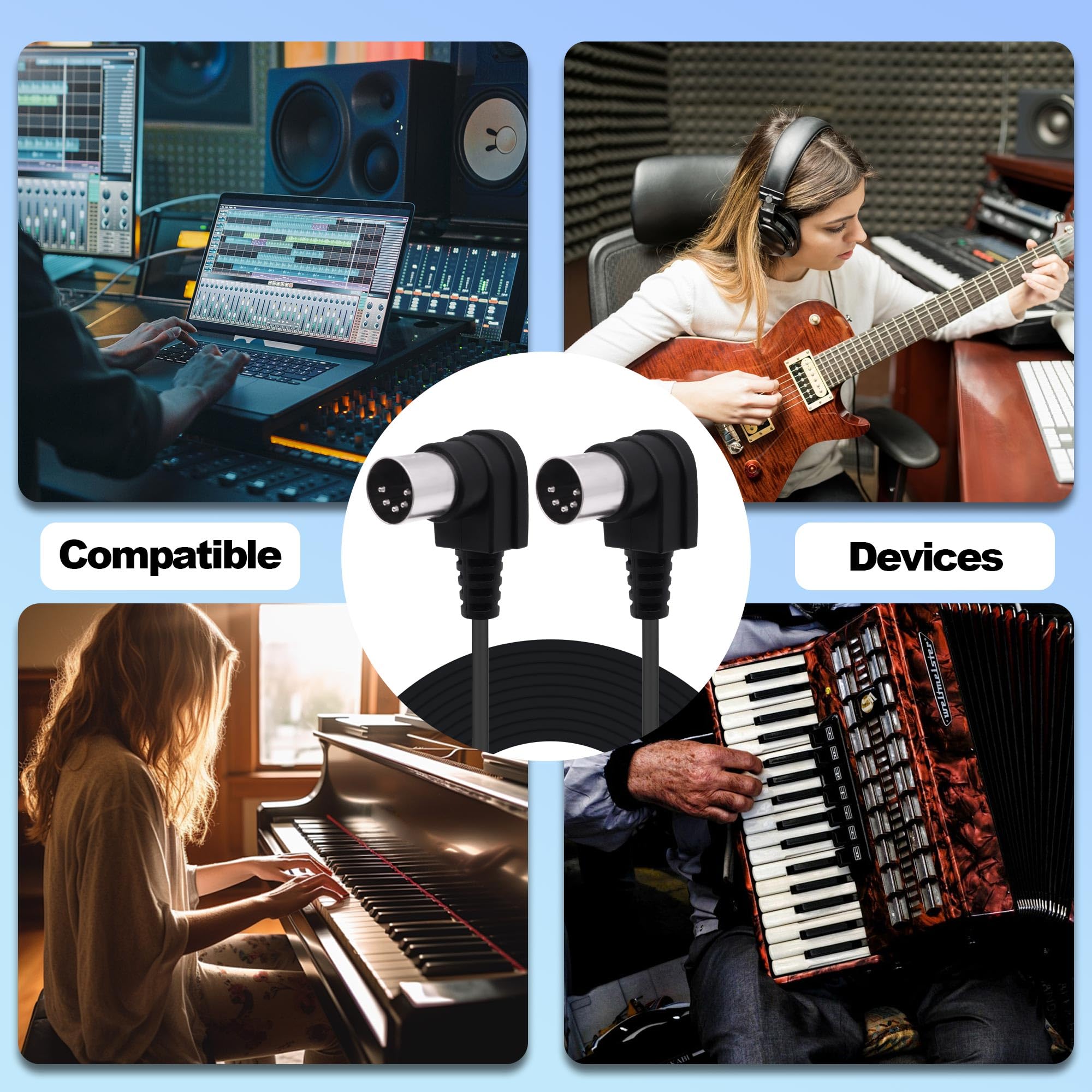 Câble MIDI DIN 5 broches mâle vers mâle angle droit 90 degrés 5 broches adaptateur audio pour synthétiseur, amplificateur, mixeur, clavier MIDI, équipement de clavier - 1,5 m