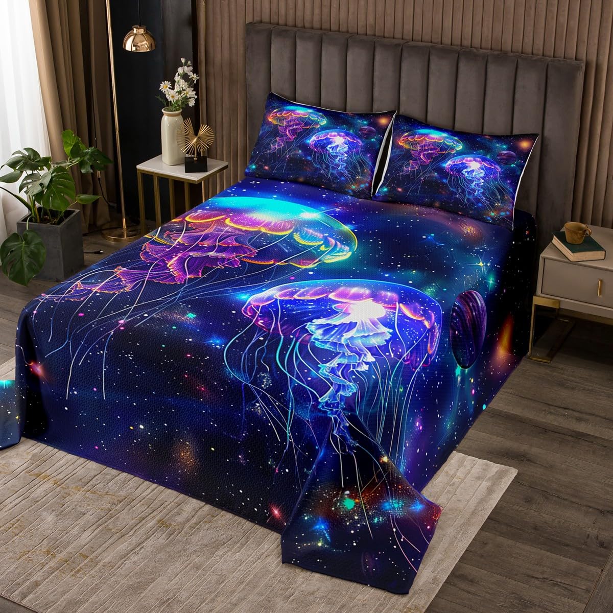 Homewish Jellyfish Coverlet Set Queen Size,Underwater Sealife Outer Space Durable Bedspread for Girls Teens,Planet Starry Galaxy Purple Blue Soft Polyester Quilt Set, with 2 Pillowcases