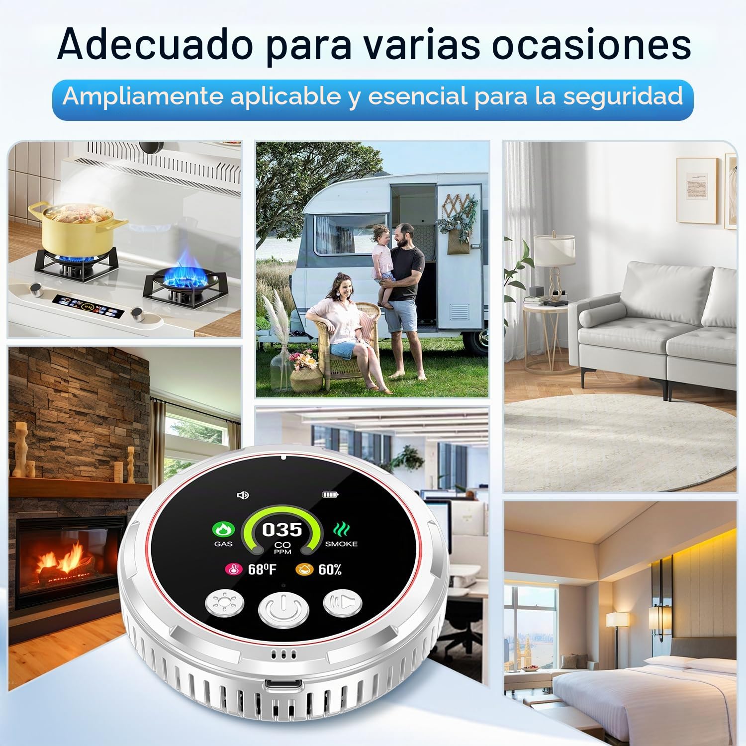 Enchufe 5 en 1 detector de humo y monóxido de carbono y combinación de gas natural combustible, batería de respaldo incorporada, pantalla HD [sensor de humedad de temperatura de gas humo CO] para el