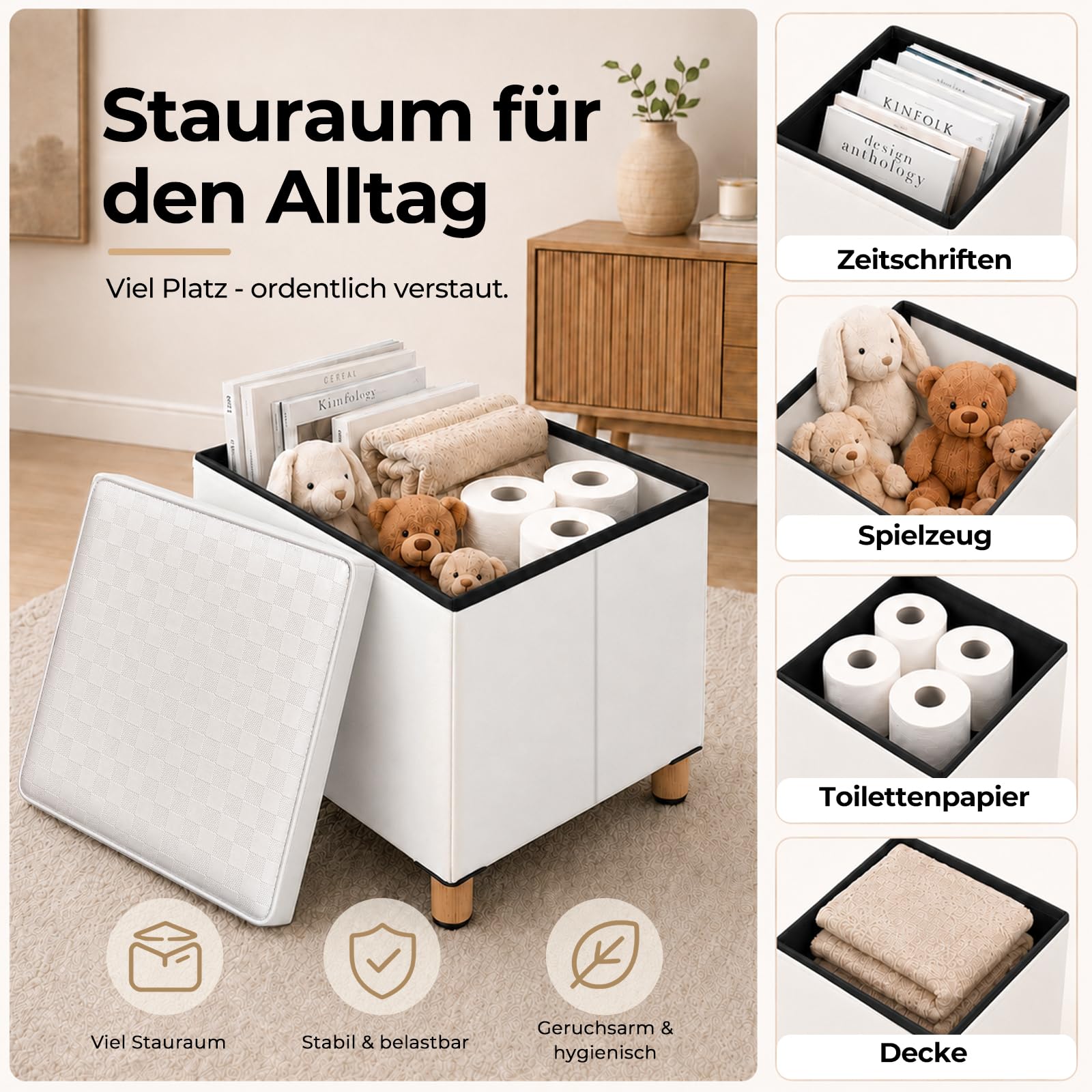 Hocker mit Stauraum, Klappbarer Sitzhocker aus PU, Fußhocker mit Massivholzbeinen, Anti-Rutsch-Pads, Pouf für Wohnzimmer Schlafzimmer Bad(Weiß, L:38 * W:38 * H:40 cm)
