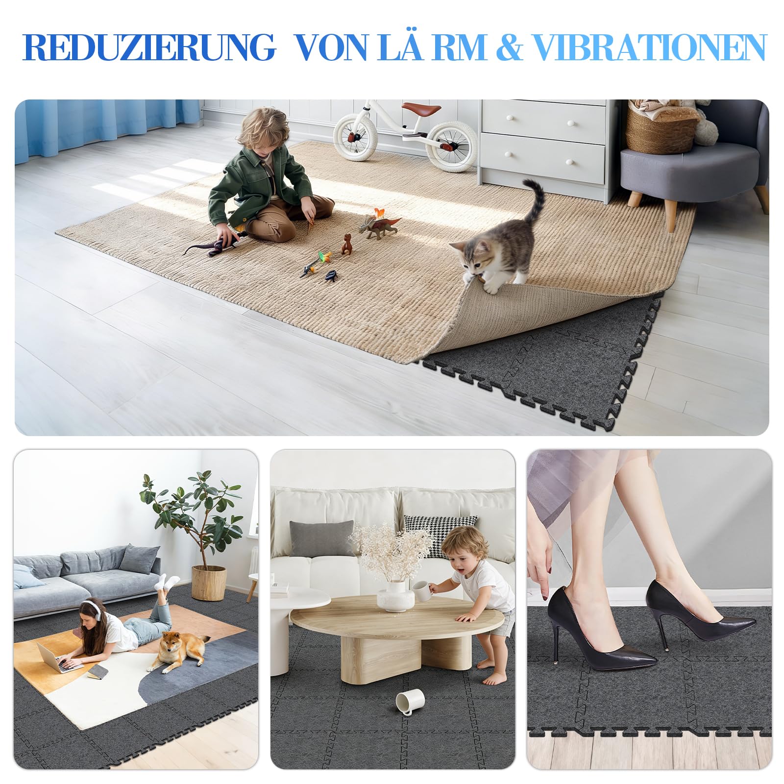 BXI Schalldämmende Puzzle-Teppichunterlage 10 Stück, 30 x 30 x 0,9 cm rutschfeste Teppichunterlagen, Hochdichte Lärmreduzierung Filz-Teppichpolsterung, Teppichunterlage zum Schutz und Polsterung