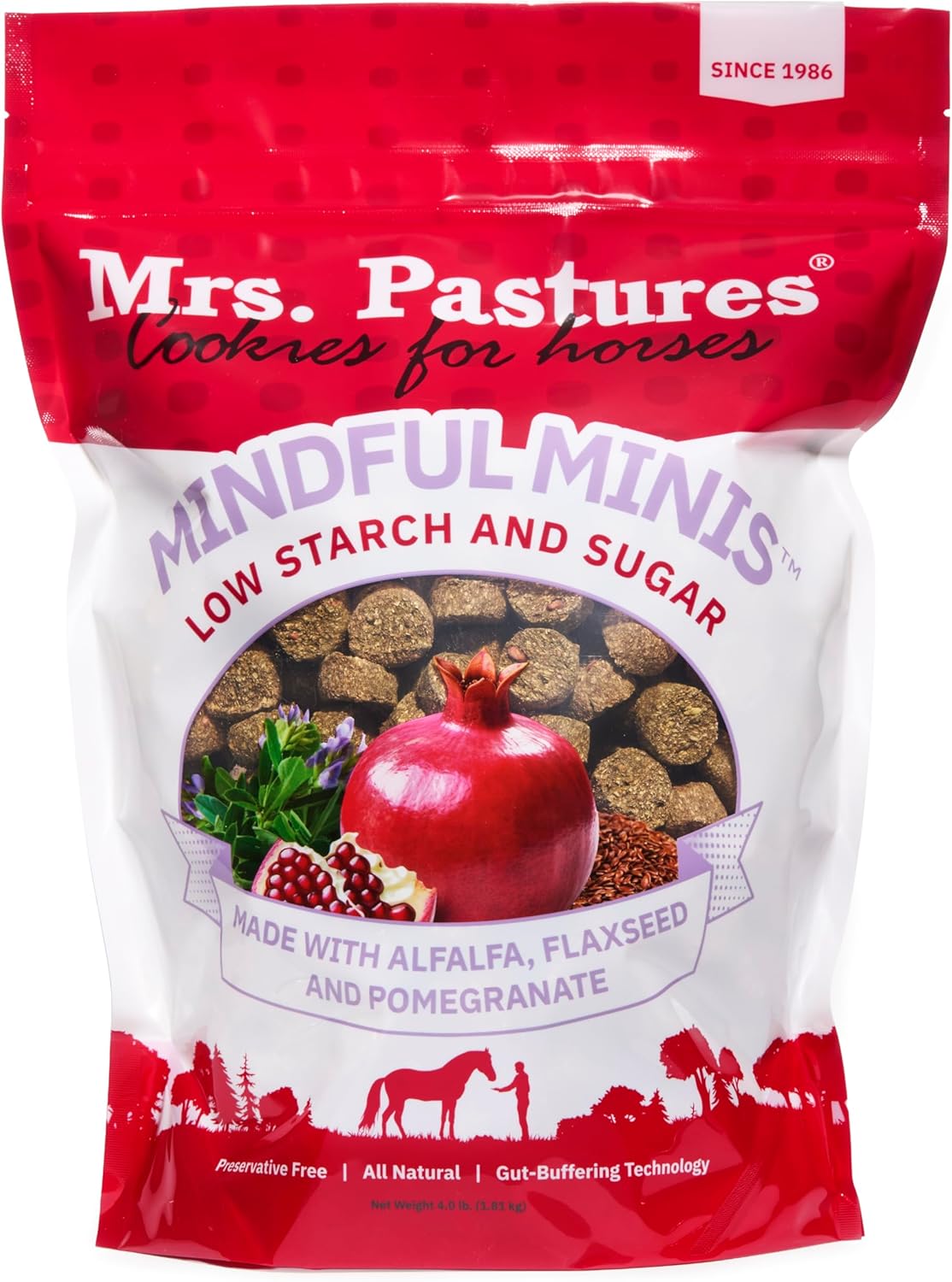 Mrs Pastures Mindful Minis-Cookies and Treats for Horses -Premium Horse Treats -Made with Alfalfa, Flaxseed & Pomegranate -Low Starch and Sugar - Preservative Free - All Natural - Made in USA - (4lbs)