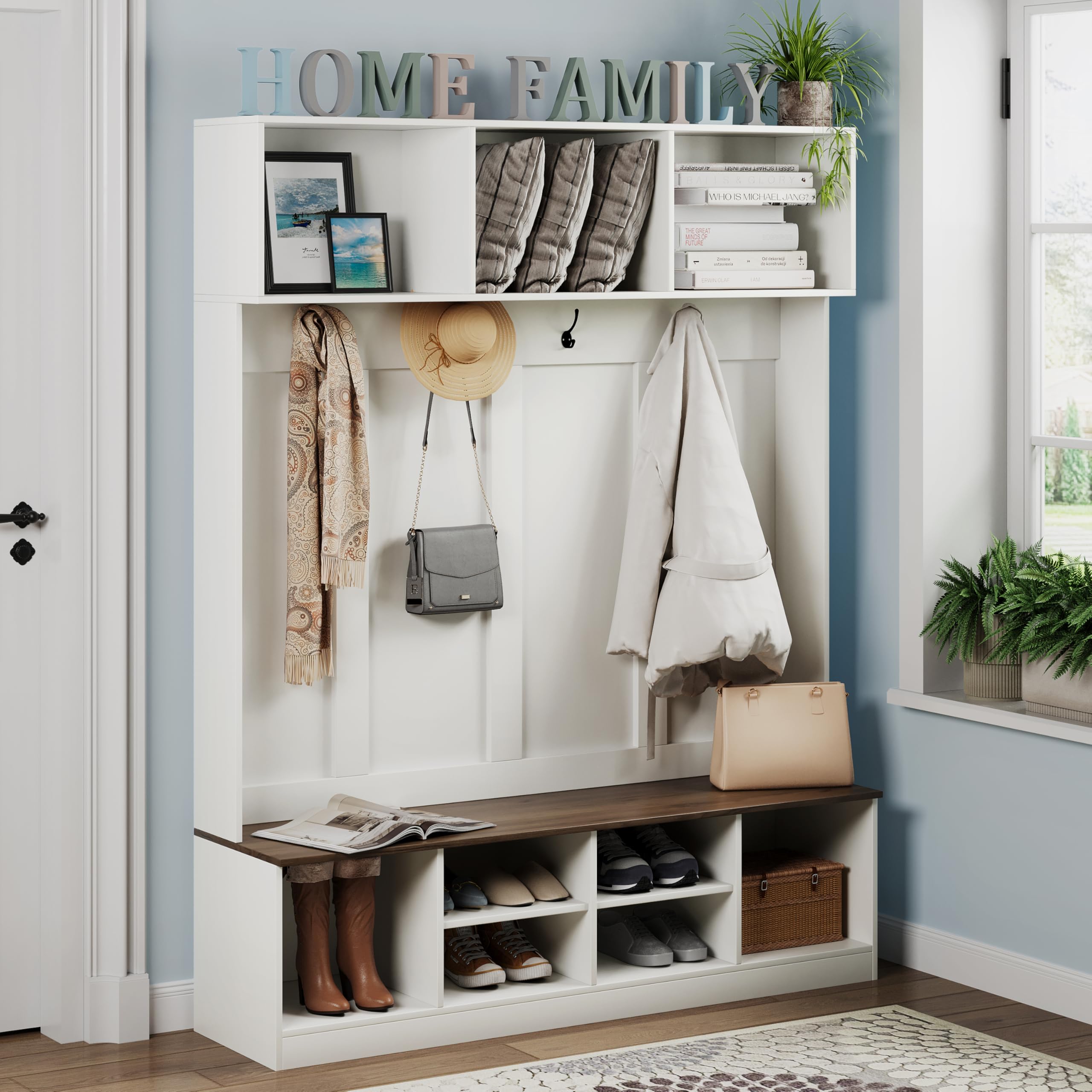 Hall Tree with Bench and Storage, Farmhouse 75" H Tall Hall Tree Wood Entryway Shoe Bench with Coat Rack and Storage Shelves for Mudroom, White