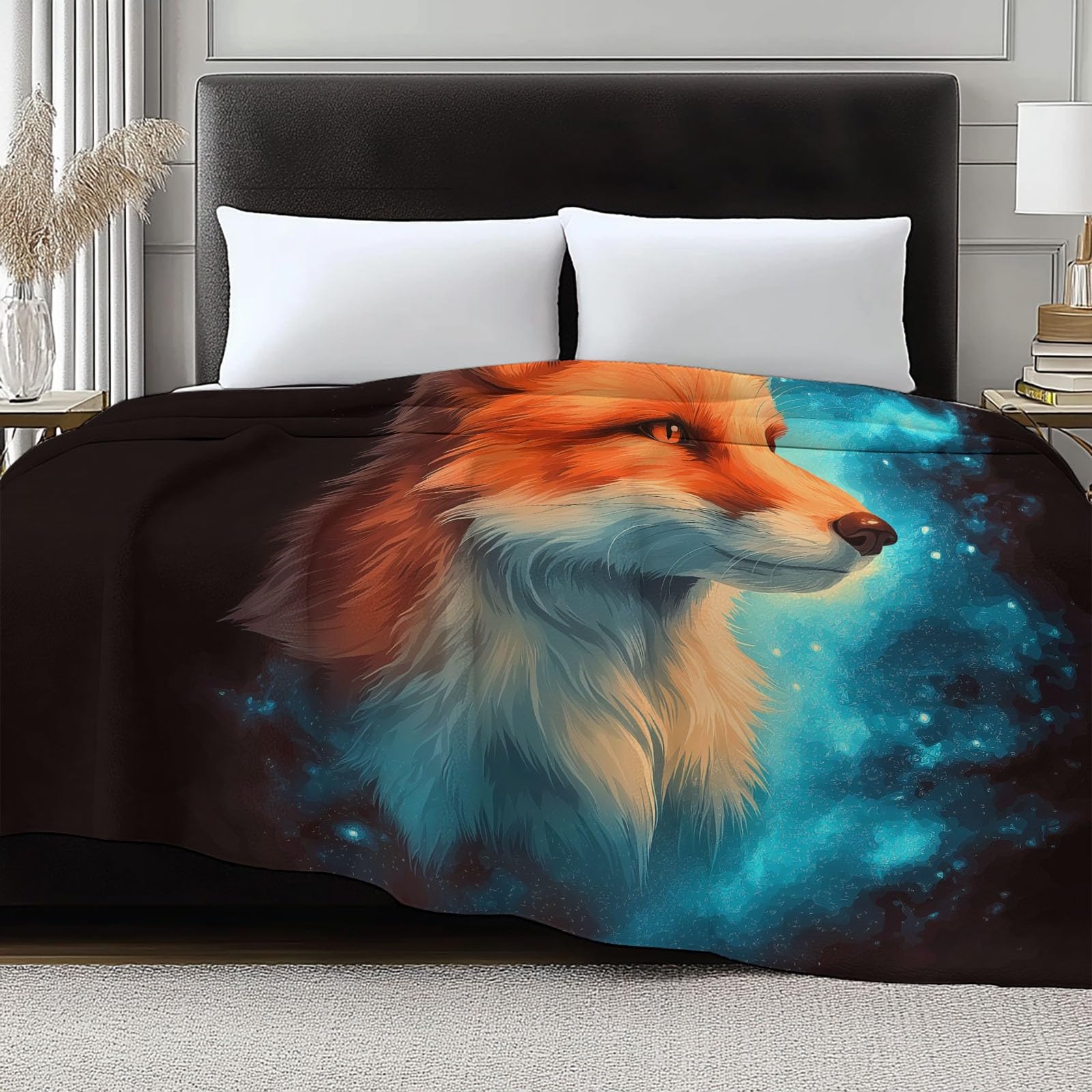 Koc w kratę z czarnym fantastycznym portretem lisa, duży rozmiar, miękki i ciepły flanelowy koc, wygodny dla dzieci i dorosłych, 220 x 240 cm