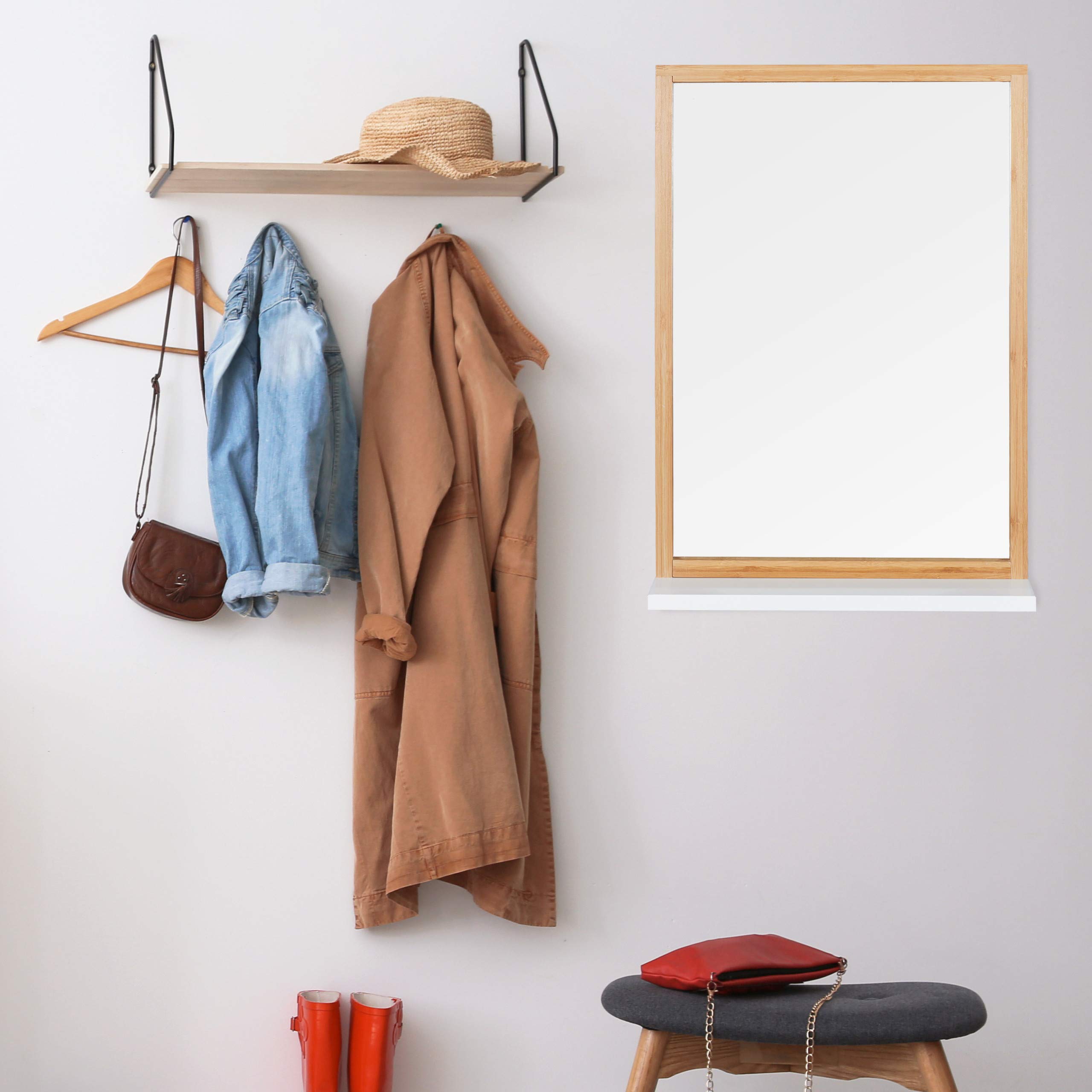 Relaxdays Espejo de Pared con Estante, Marco de Madera, Bambú y MDF, Marrón y Blanco