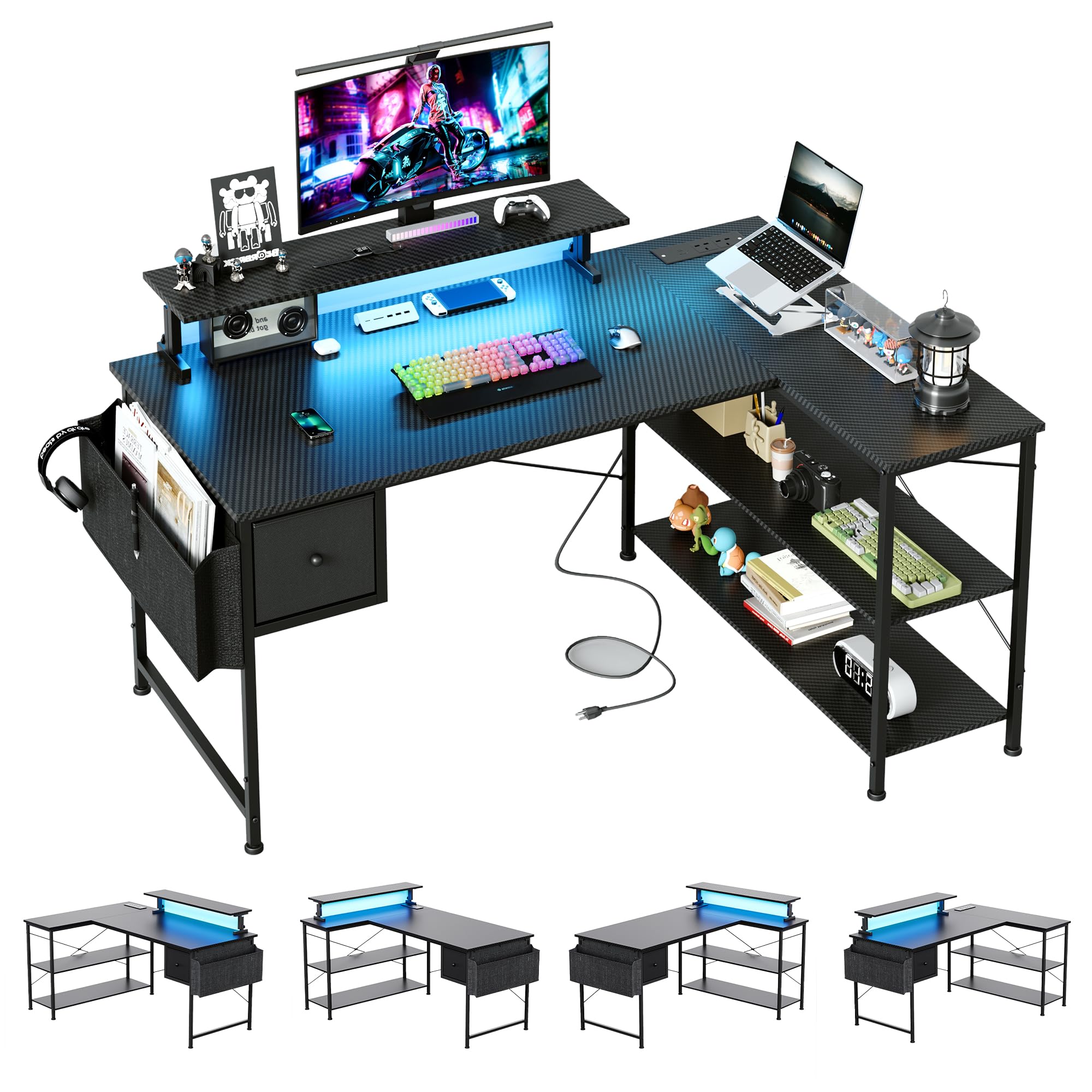 MUTUN L Shaped Gaming Desk with LED Lights & Power Outlets, 120x80x70cm Reversible Corner Desk with Drawer Storage Bag & Monitor Stand, Carbon Fiber Black