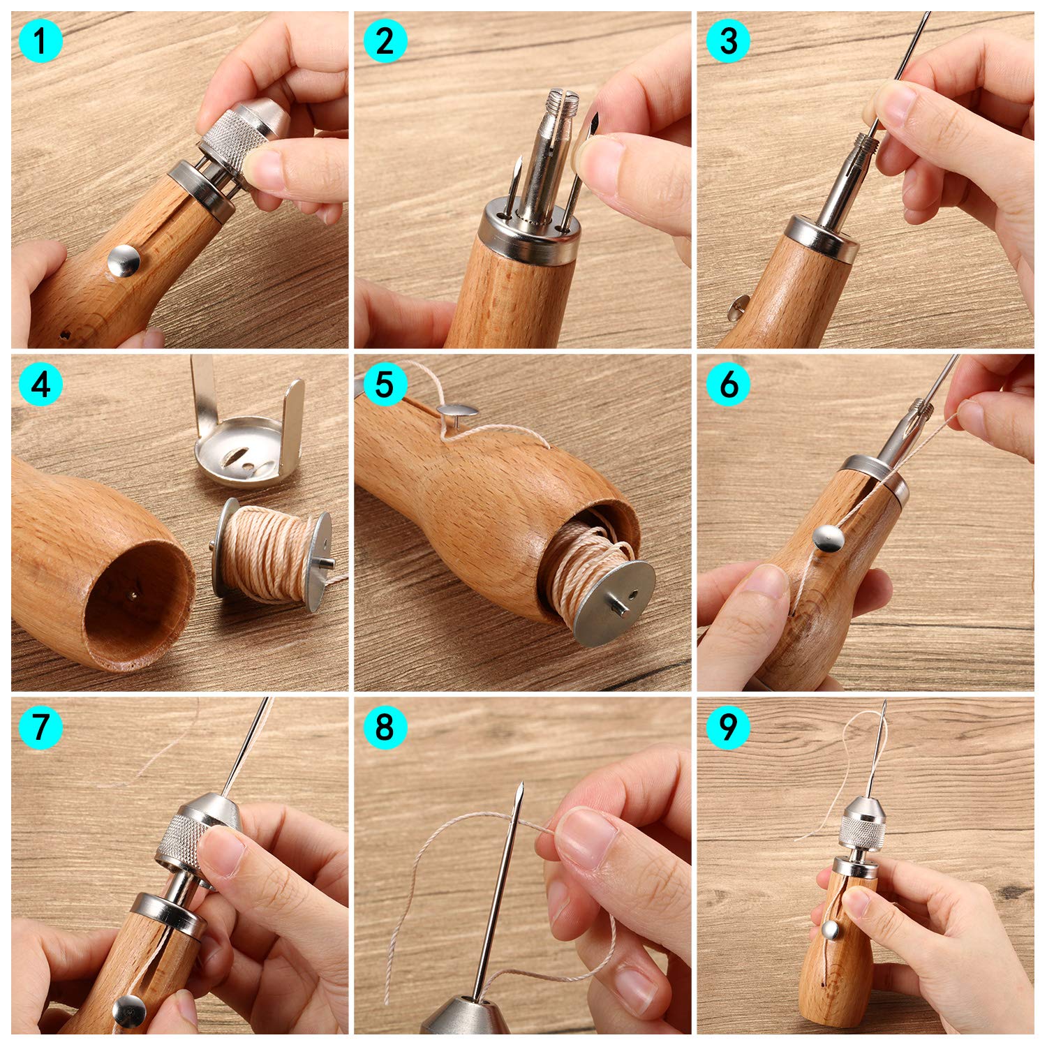 Kit De Costura Para Cuero | 21 Piezas Con Hilo Encerado, Agujas, Punzón Y Dedales | Reparación De Artículos De Piel