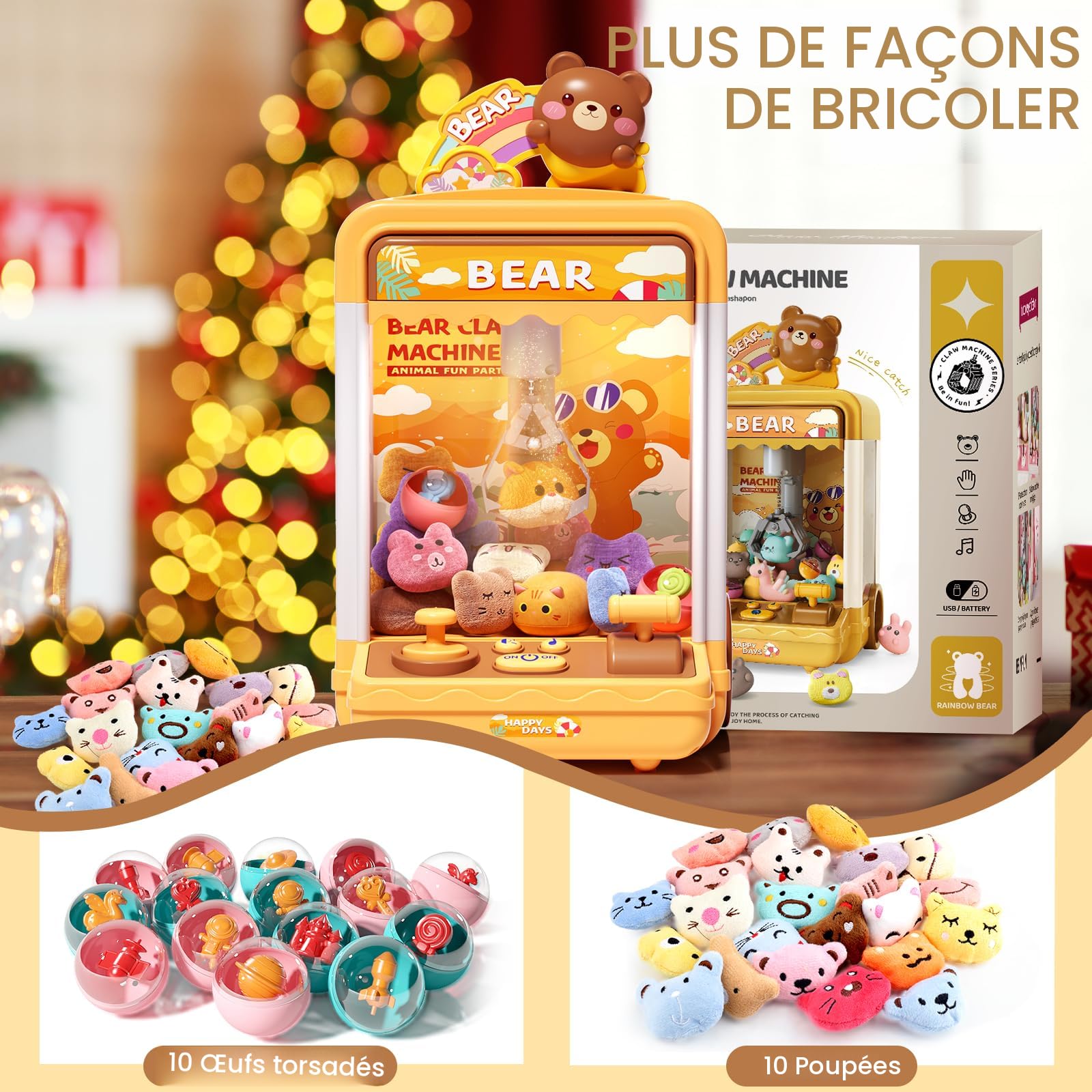 Gcroet Machine à Griffes Enfant 3 Ans+ – Lumières Et Sons – Distributeur Mini Avec Poupées Et Bonbons – Alimentation USB Ou Piles – Bleu