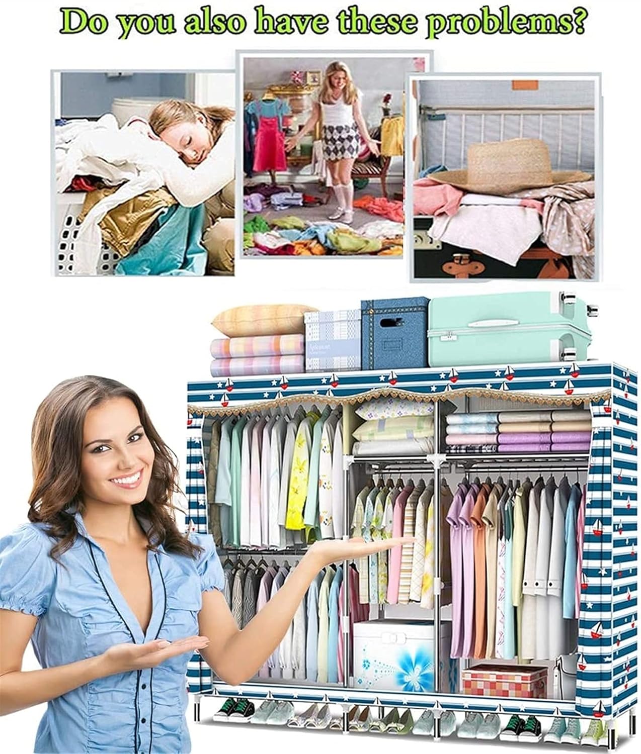 Portable Wardrobe Cloth Wardrobe Wardrobe Bedroom Double Simple Fabric Cloth Steel Tube Bold Thickening Steel Frame Assembly Hanging Clothes,E Portable Cloth Hanger
