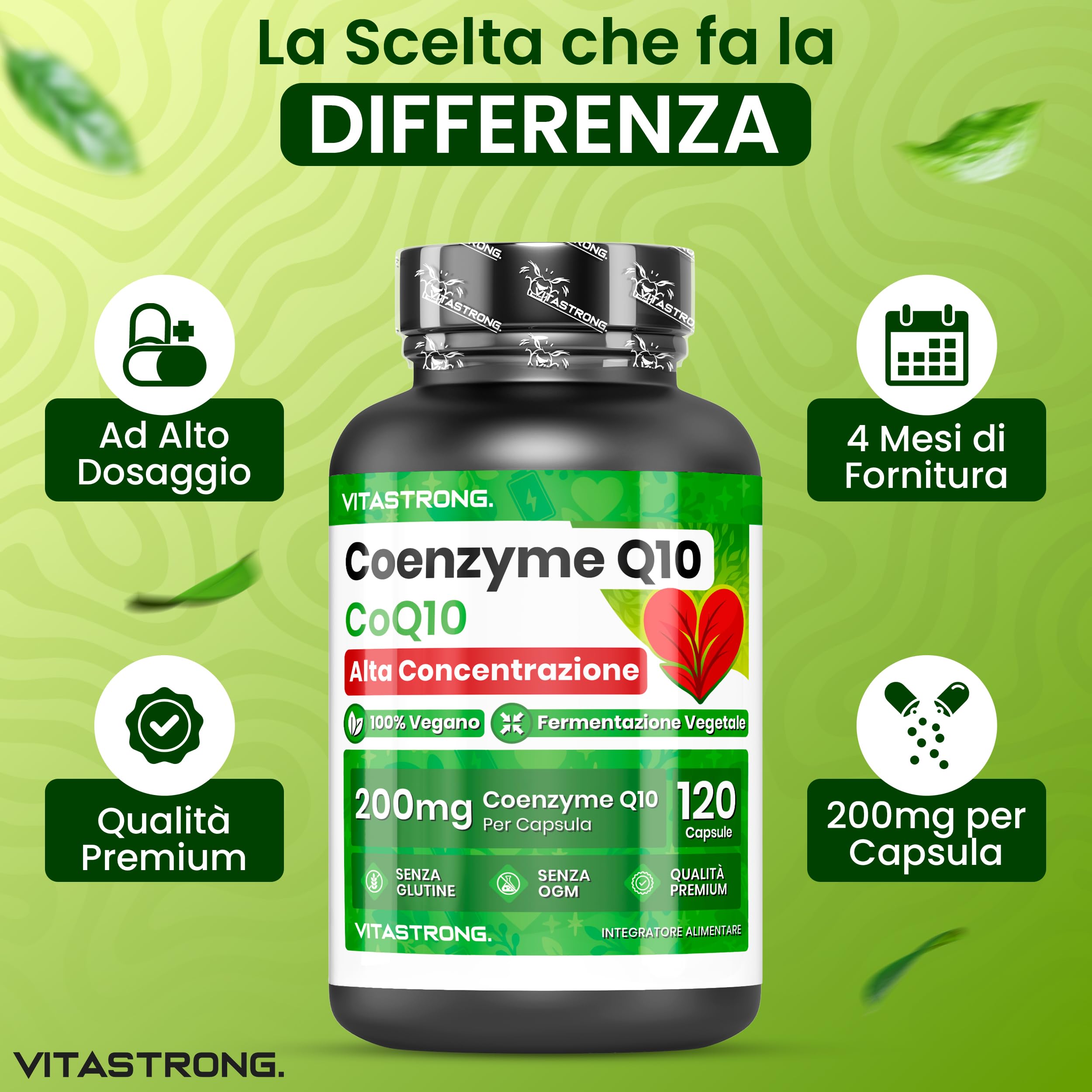 Coenzima Q10 200mg Alto Dosaggio, 1 Capsula al Giorno per 4 Mesi, 120 Capsule CoQ10 200mg Ognuna, Q10 Coenzima Premium Quality, Senza Glutine né OGM, Integratore Made in Italy Certificato