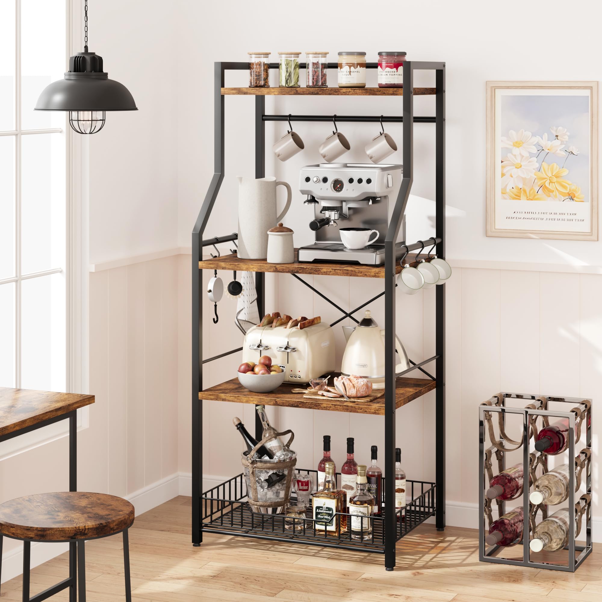 Étagère de Cuisine, Meuble de Rangement à 4 Niveaux,Style Industriel Étagères de Stockage pour Four à Micro-Ondes, Cadre en Acier,60 X 40 X 128CM,Marron Rustique