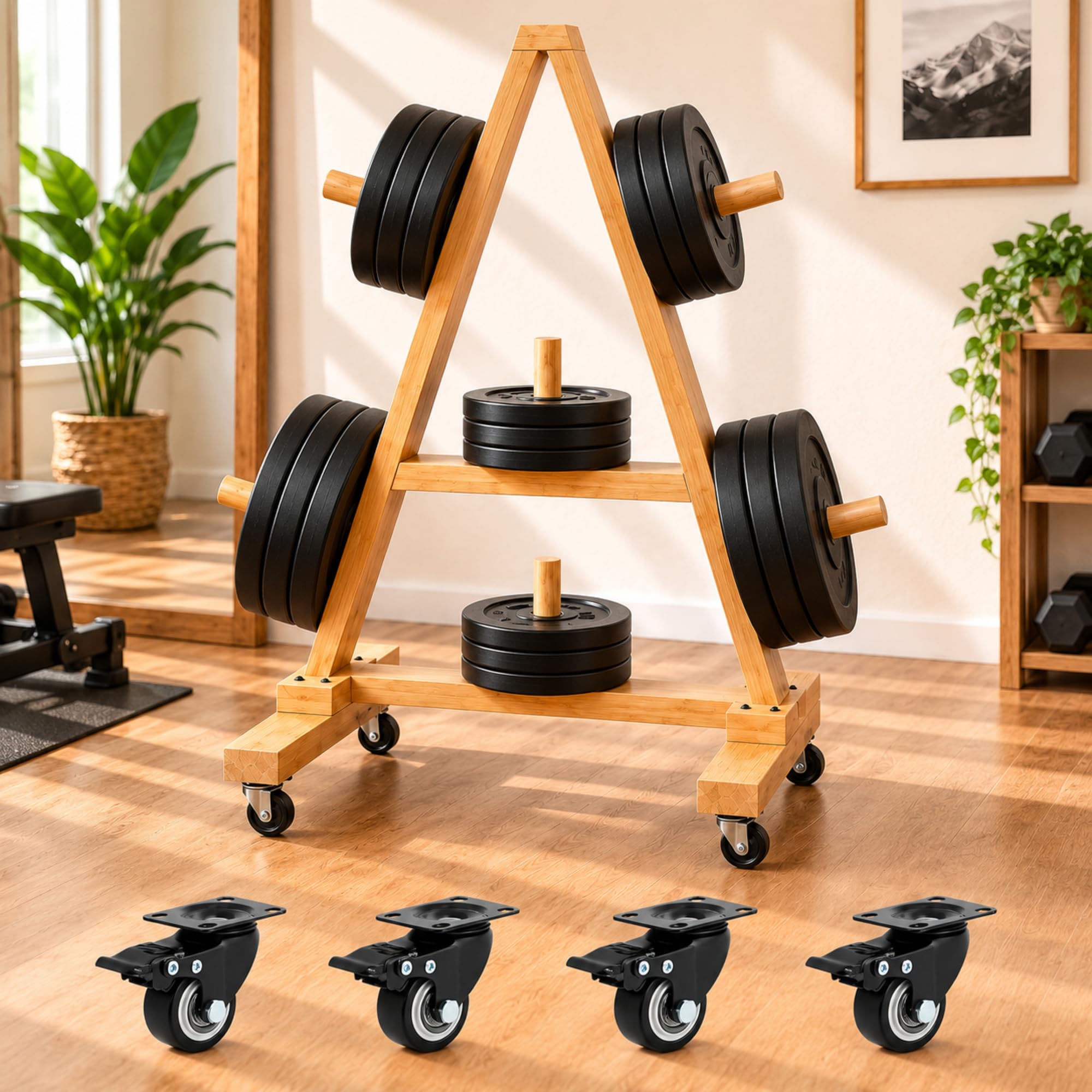 Junkin Wooden Weight Plate Rack with Wheels for Home Gym, 300 LBS