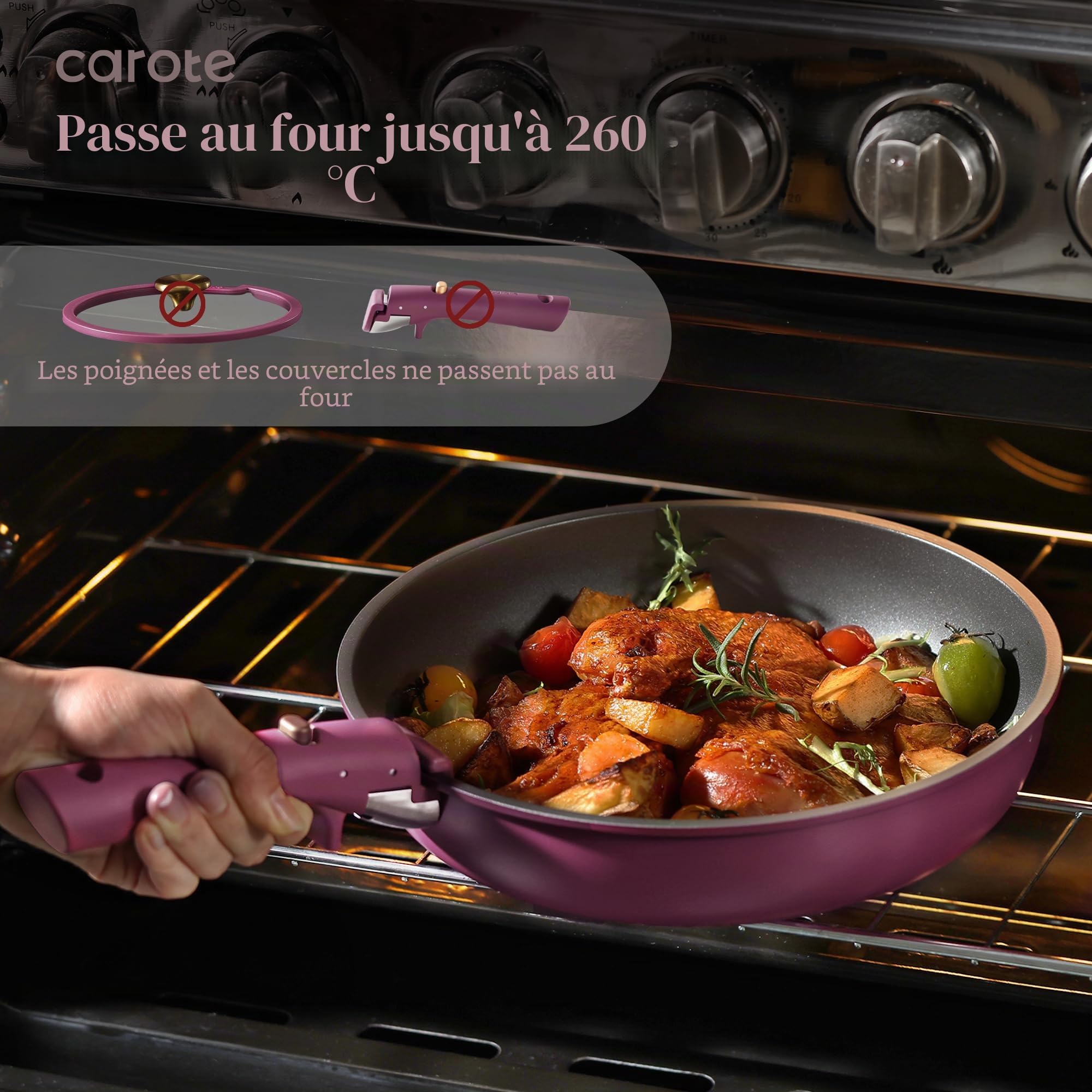 CAROTE Batterie de cuisine antiadhésive 19 pièces avec poignée amovible, ensemble de cuisine doré pour camping-car, compatible avec tous les poêles