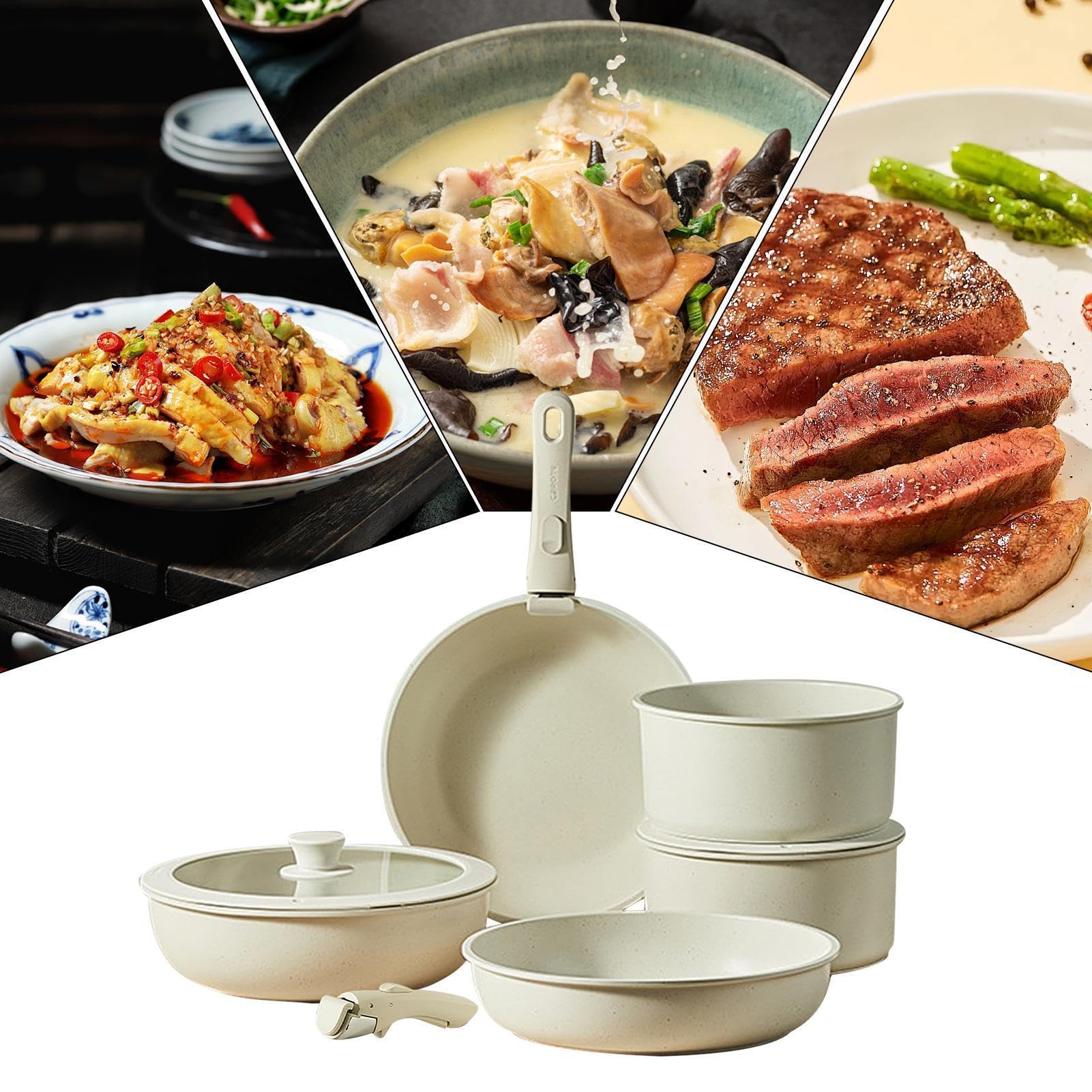 Batterie de cuisine sûre – Casseroles à poignée amovible, poêle à frire | antiadhésive, collection d'ustensiles de cuisine blanc crème | Ensemble de casseroles à poignée amovible, équipement culinair